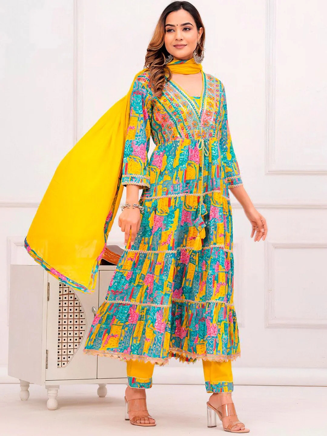 KALINI Floral Embroidered Mirror Work Anarkali Kurta With Trousers & Dupatta - Image 5