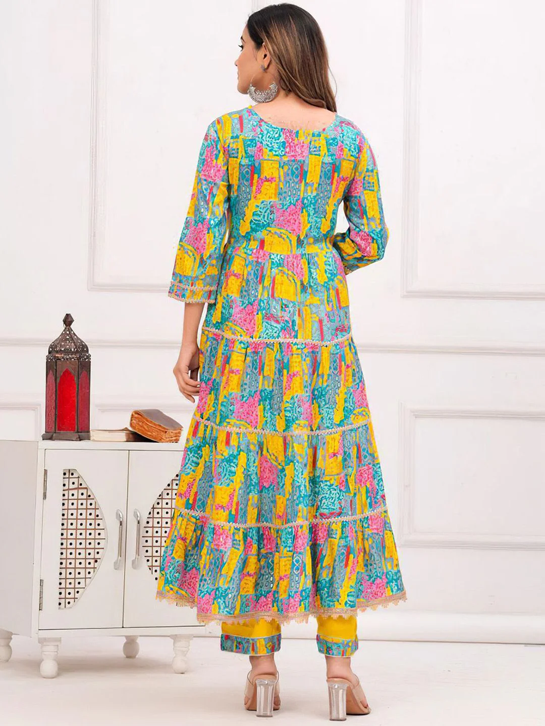 KALINI Floral Embroidered Mirror Work Anarkali Kurta With Trousers & Dupatta - Image 6