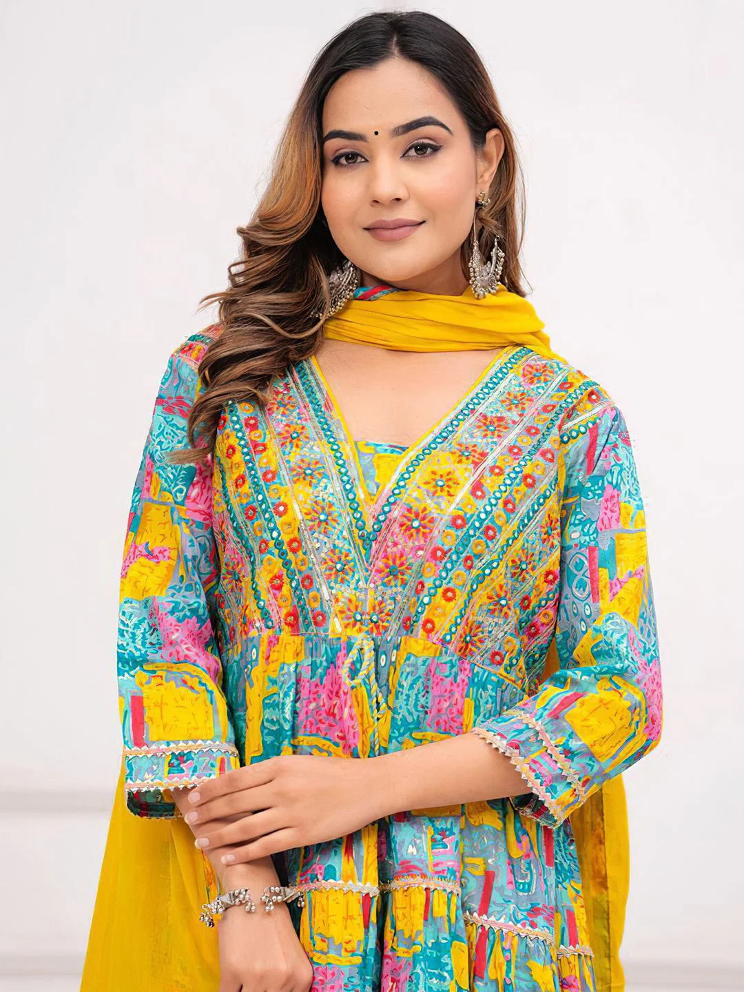KALINI Floral Embroidered Mirror Work Anarkali Kurta With Trousers & Dupatta - Image 7
