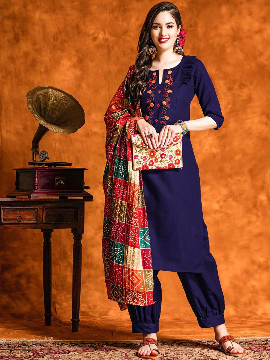 KALINI Floral Embroidered Mirror Work Straight Kurta With Salwar & Dupatta