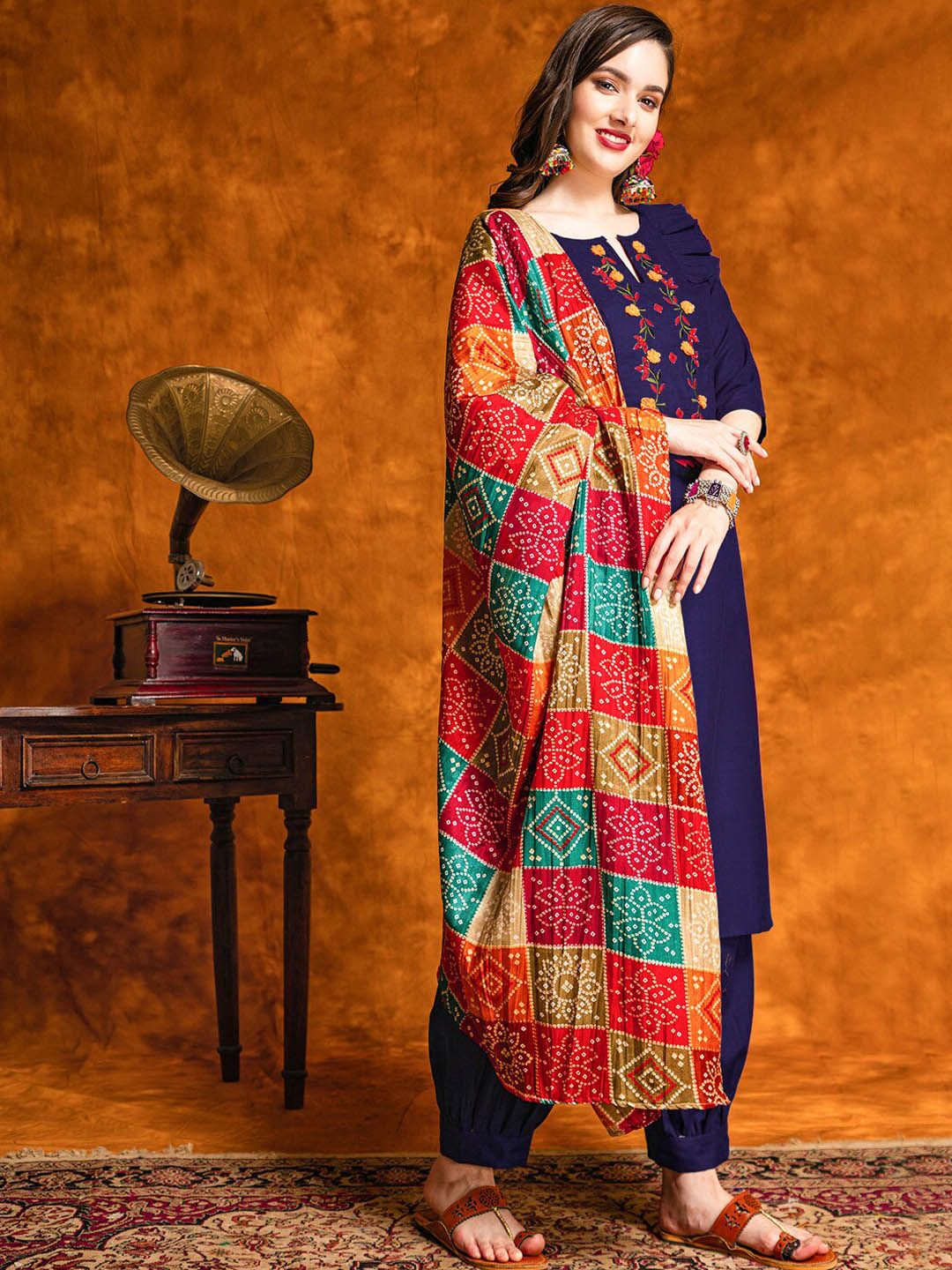KALINI Floral Embroidered Mirror Work Straight Kurta With Salwar & Dupatta - Image 3
