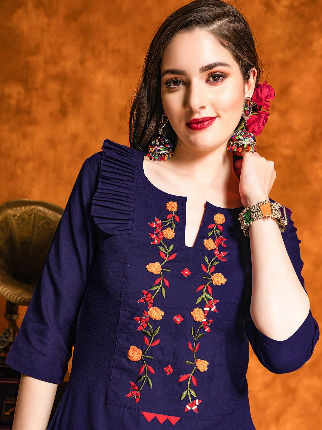 KALINI Floral Embroidered Mirror Work Straight Kurta With Salwar & Dupatta - Image 4