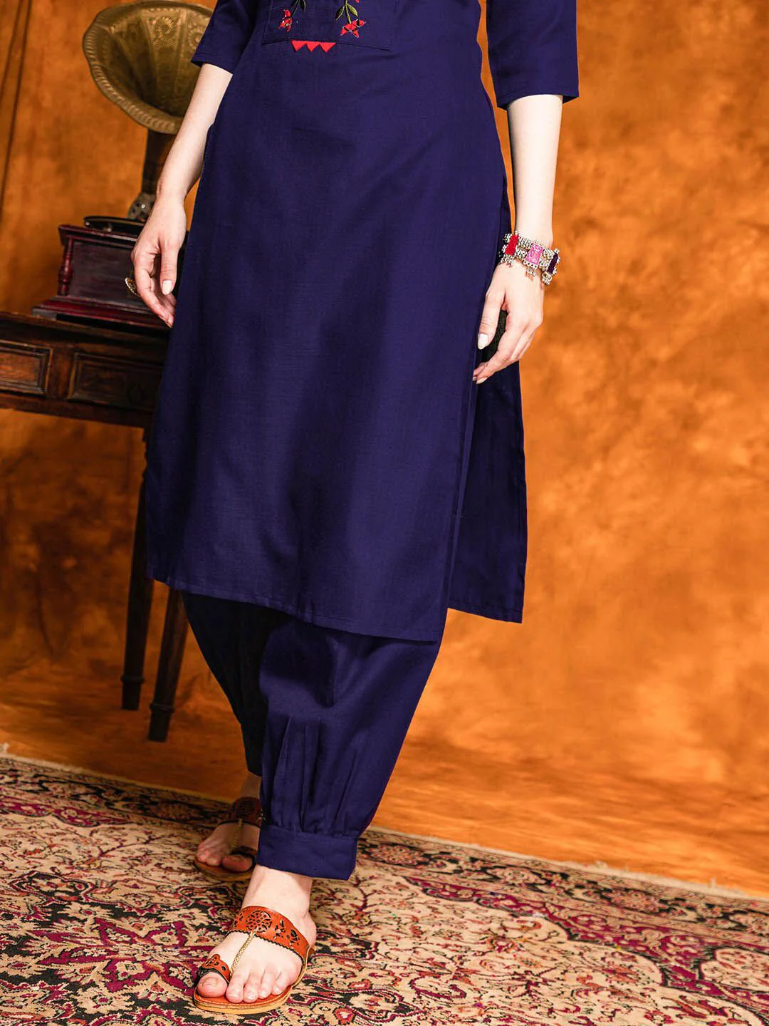 KALINI Floral Embroidered Mirror Work Straight Kurta With Salwar & Dupatta - Image 7