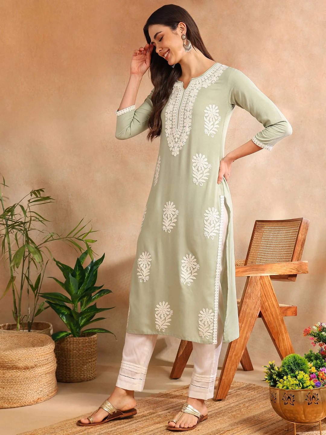 KALINI Floral Embroidered Notch Neck Chikankari Straight Kurta - Image 4