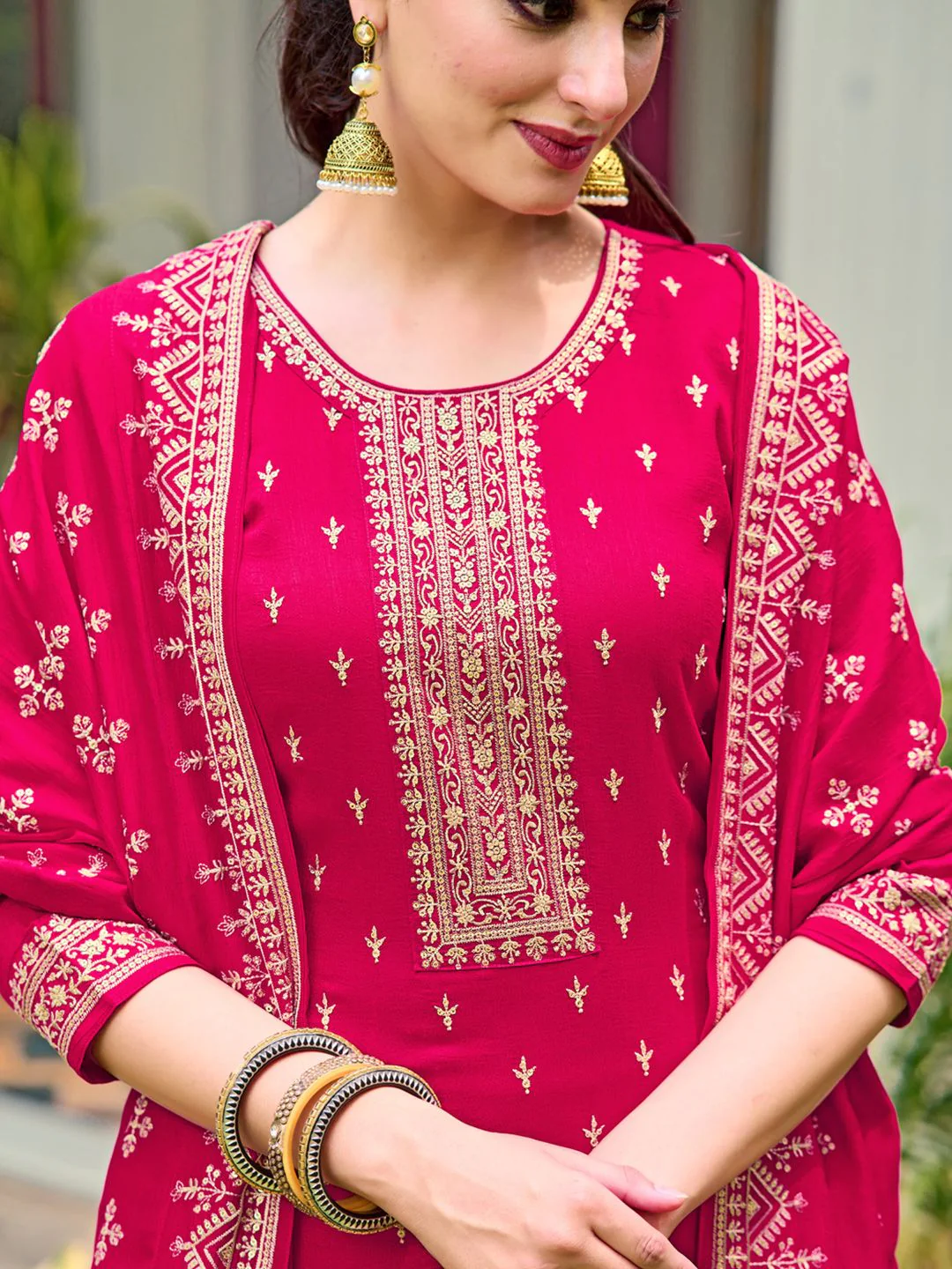 KALINI Floral Embroidered Regular Sequinned Straight Kurta with Trousers & Dupatta - Image 2