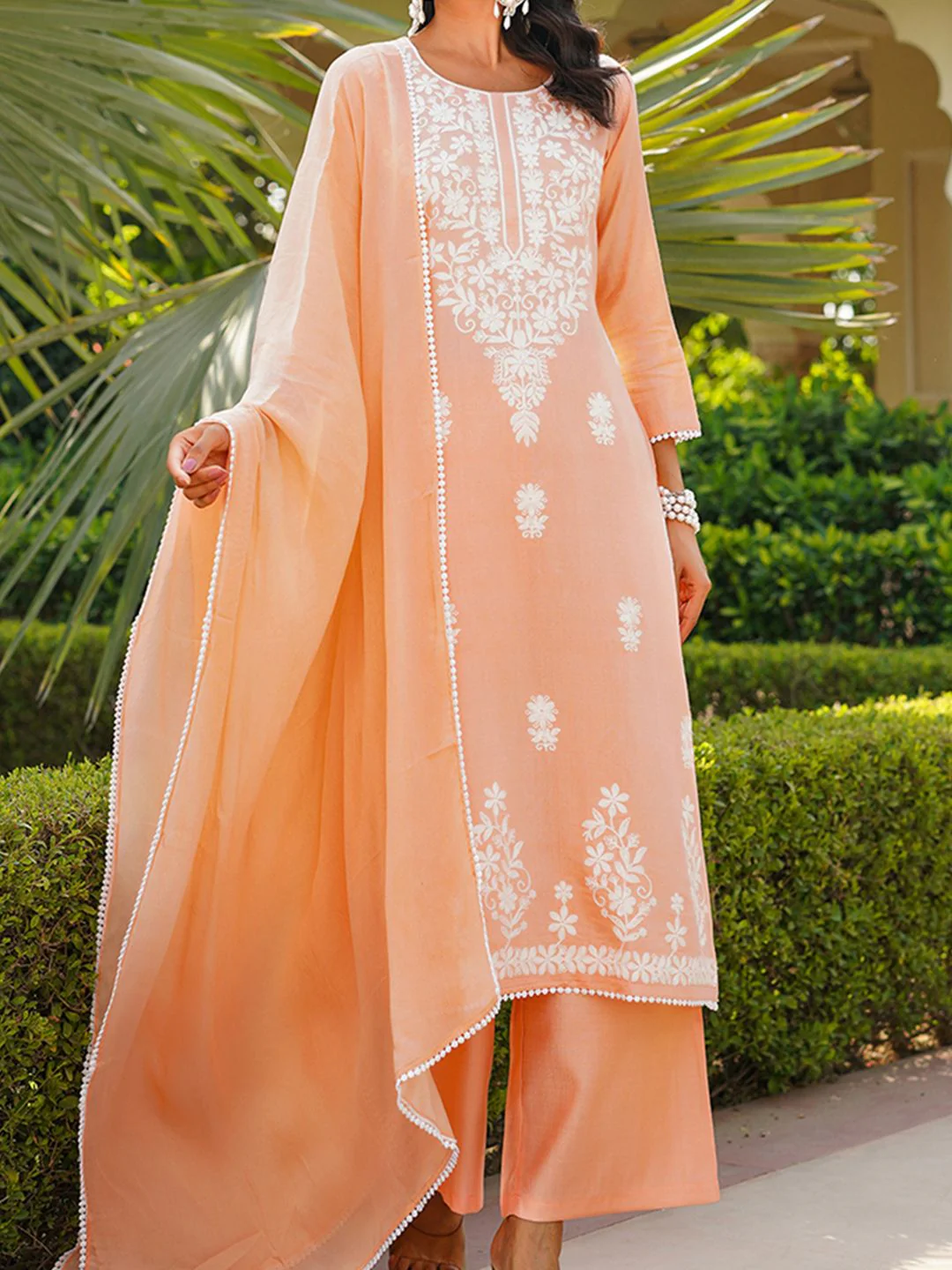 KALINI Floral Embroidered Round Neck Thread Work Kurta With Palazzos And Dupatta - Image 3