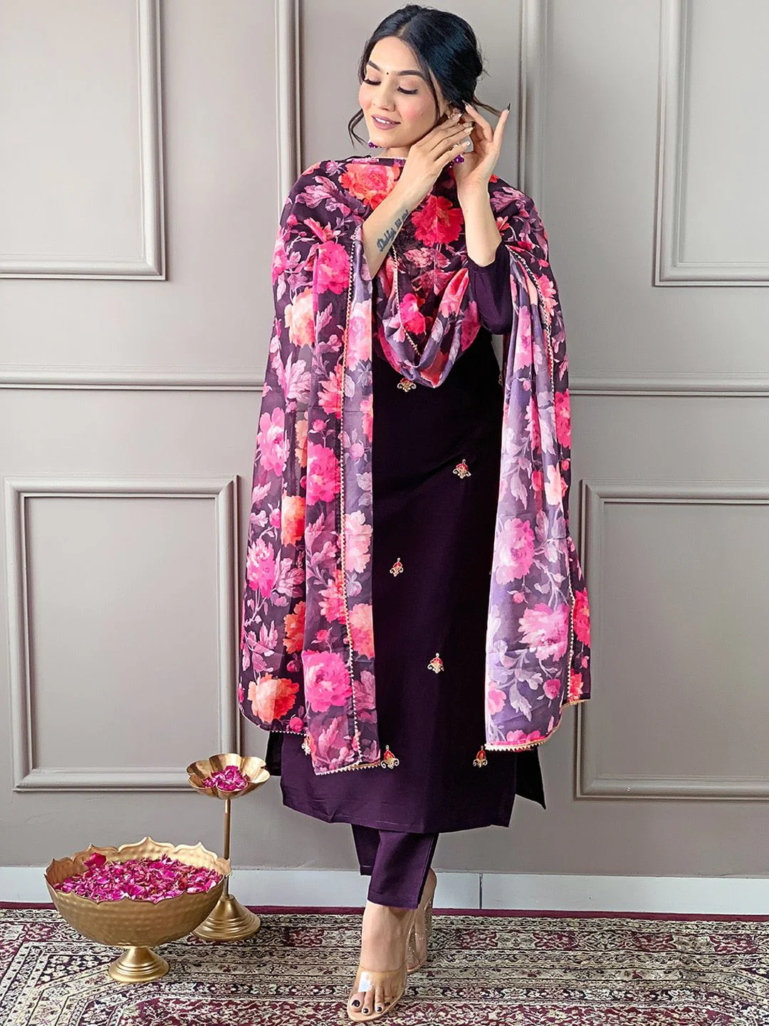KALINI Floral Embroidered Round Neck Three-Quarter Sleeves Kurta Set - Image 3
