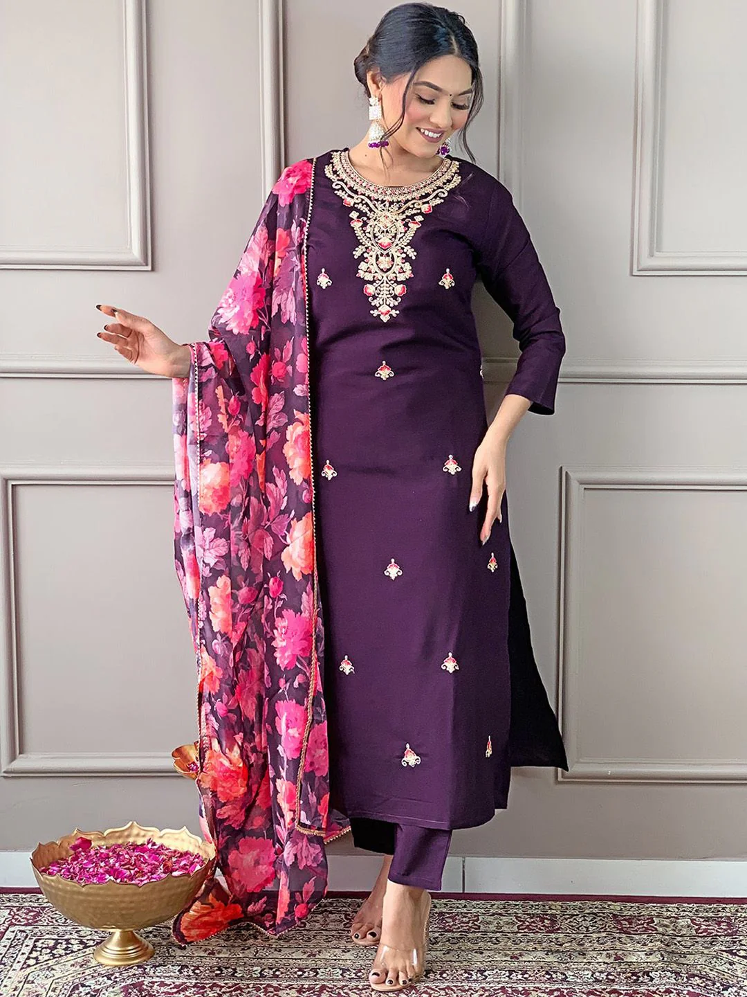 KALINI Floral Embroidered Round Neck Three-Quarter Sleeves Kurta Set - Image 4