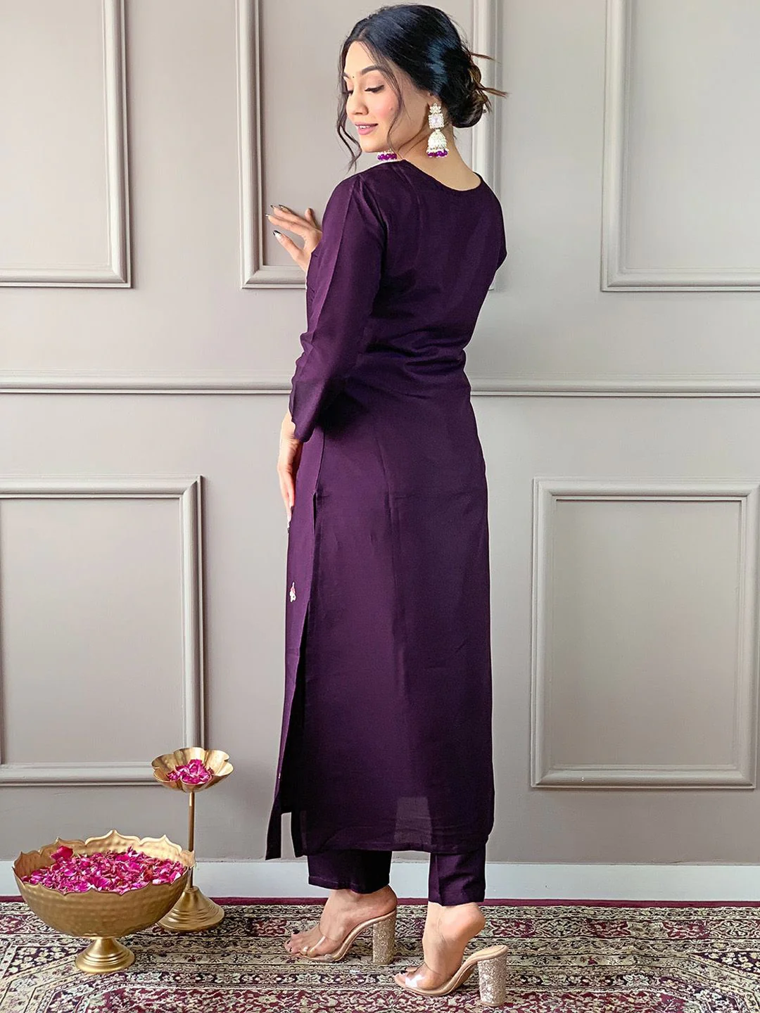 KALINI Floral Embroidered Round Neck Three-Quarter Sleeves Kurta Set - Image 5