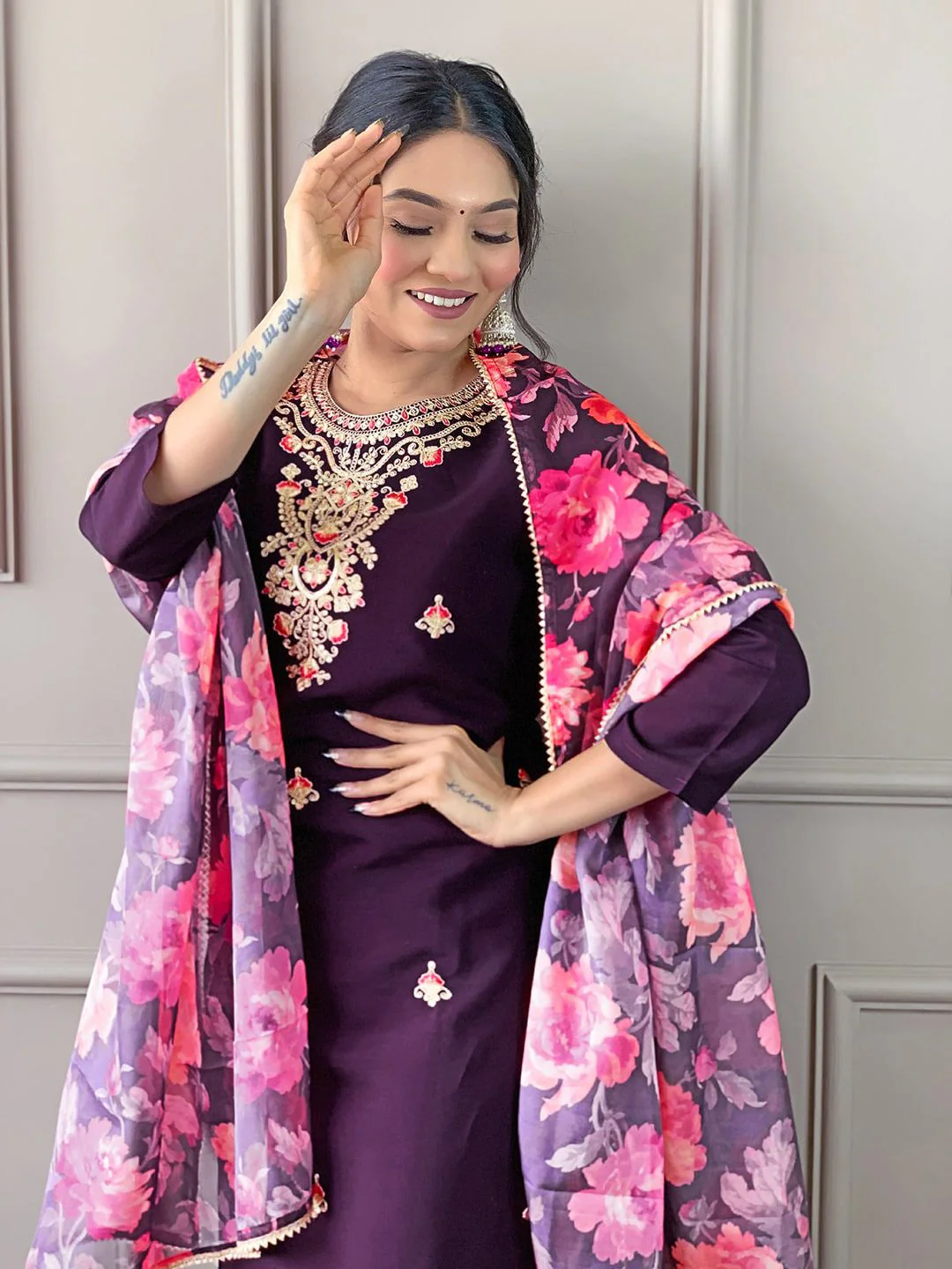 KALINI Floral Embroidered Round Neck Three-Quarter Sleeves Kurta Set - Image 6