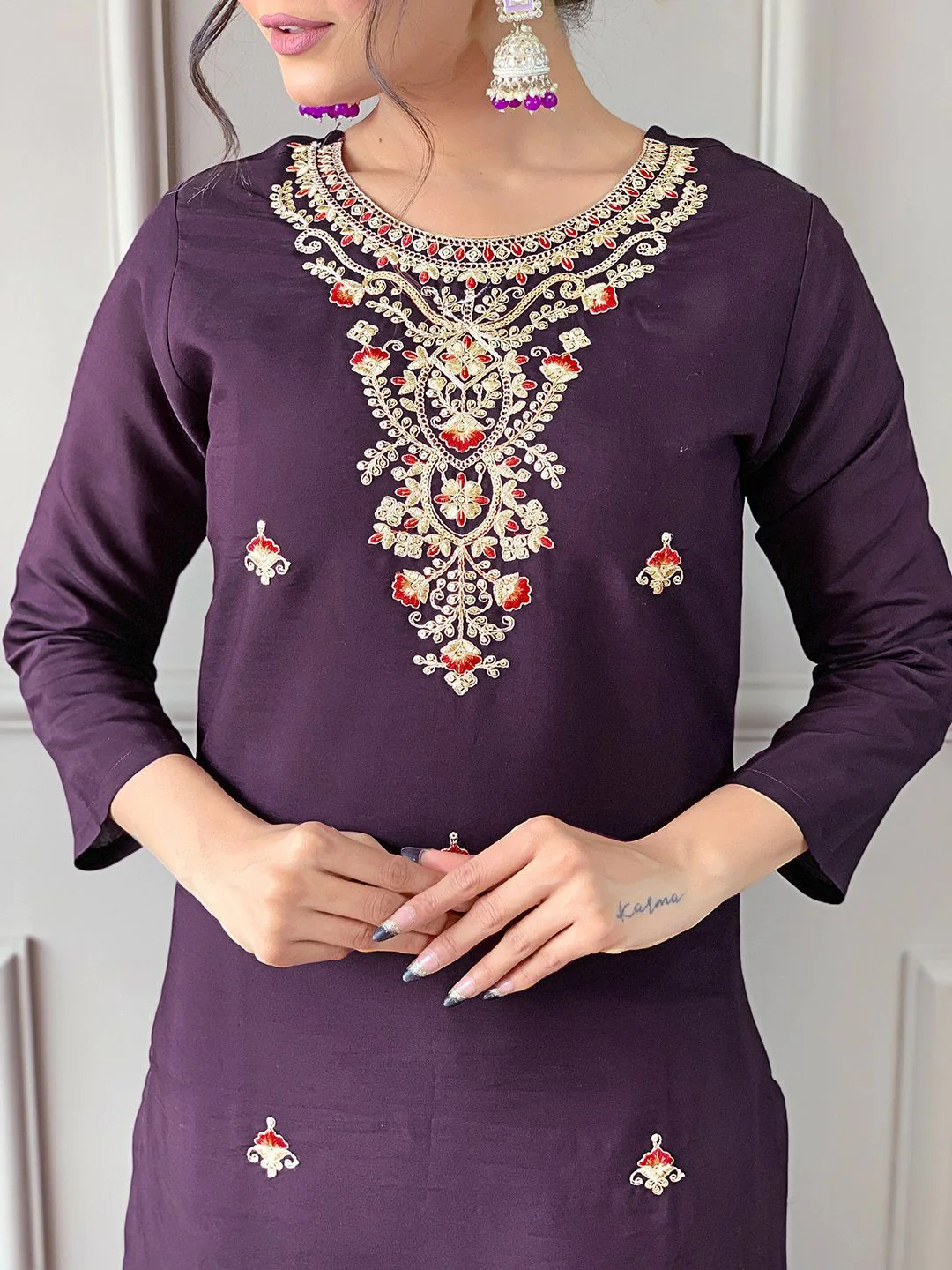 KALINI Floral Embroidered Round Neck Three-Quarter Sleeves Kurta Set - Image 7