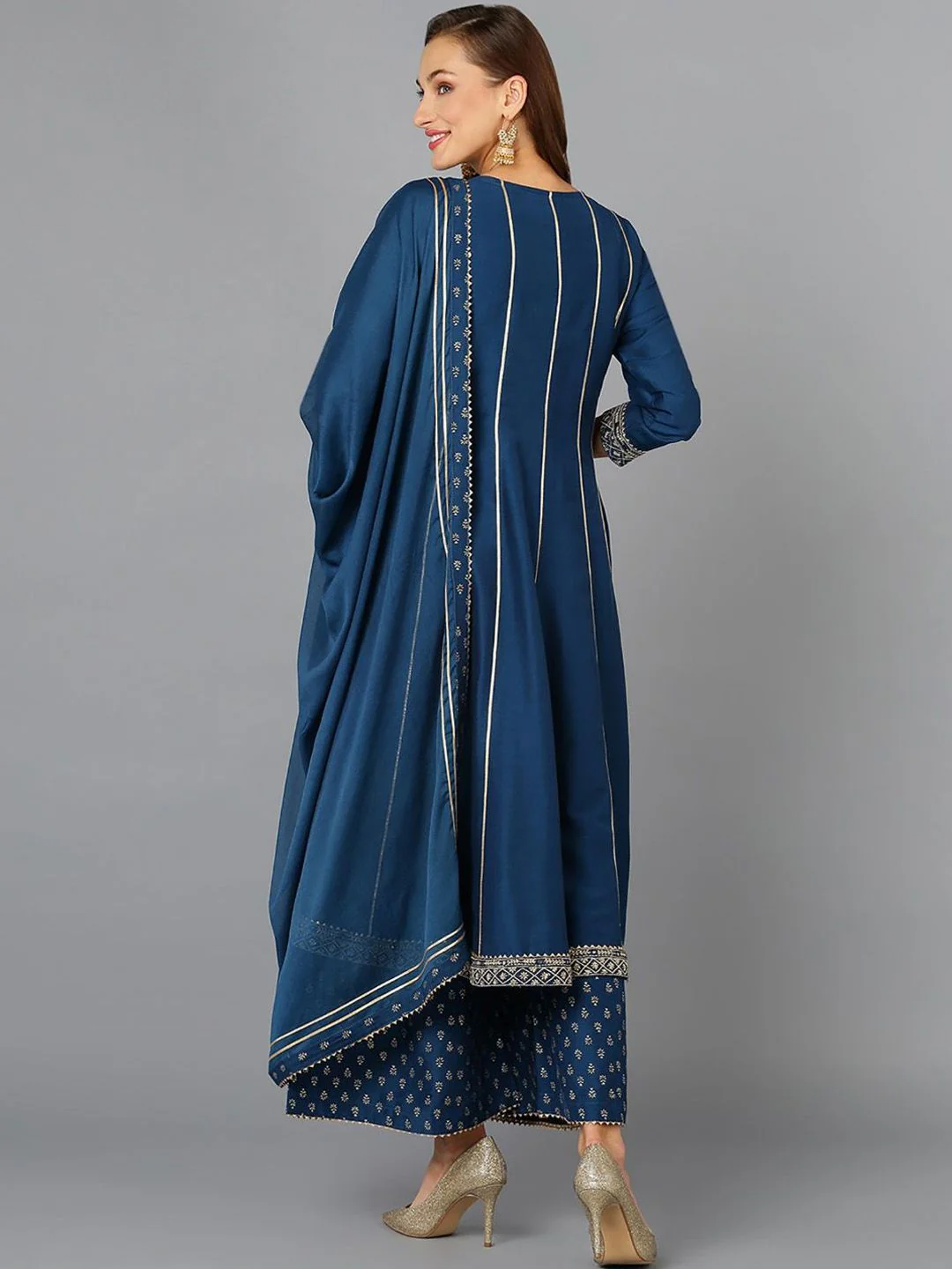 KALINI Floral Embroidered Sequinned Anarkali Kurta with Palazzos & Dupatta - Image 4
