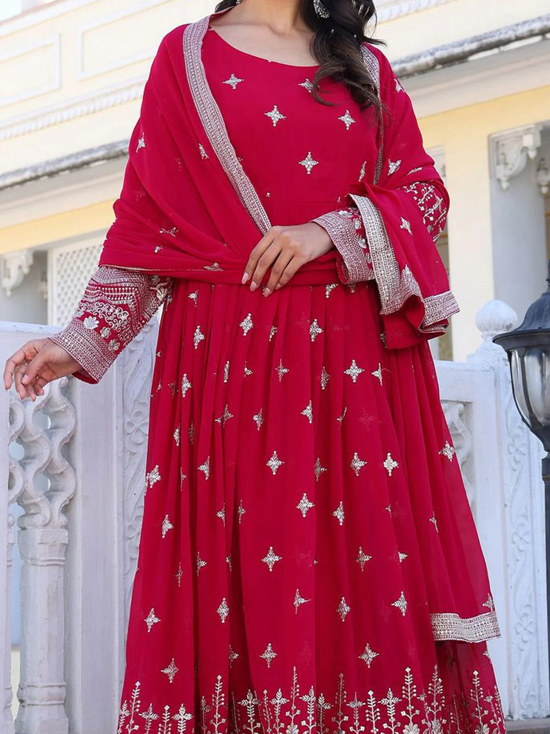 KALINI Floral Embroidered Sequinned Georgette Anarkali Kurta With Ttrousers & Dupatta - Image 2