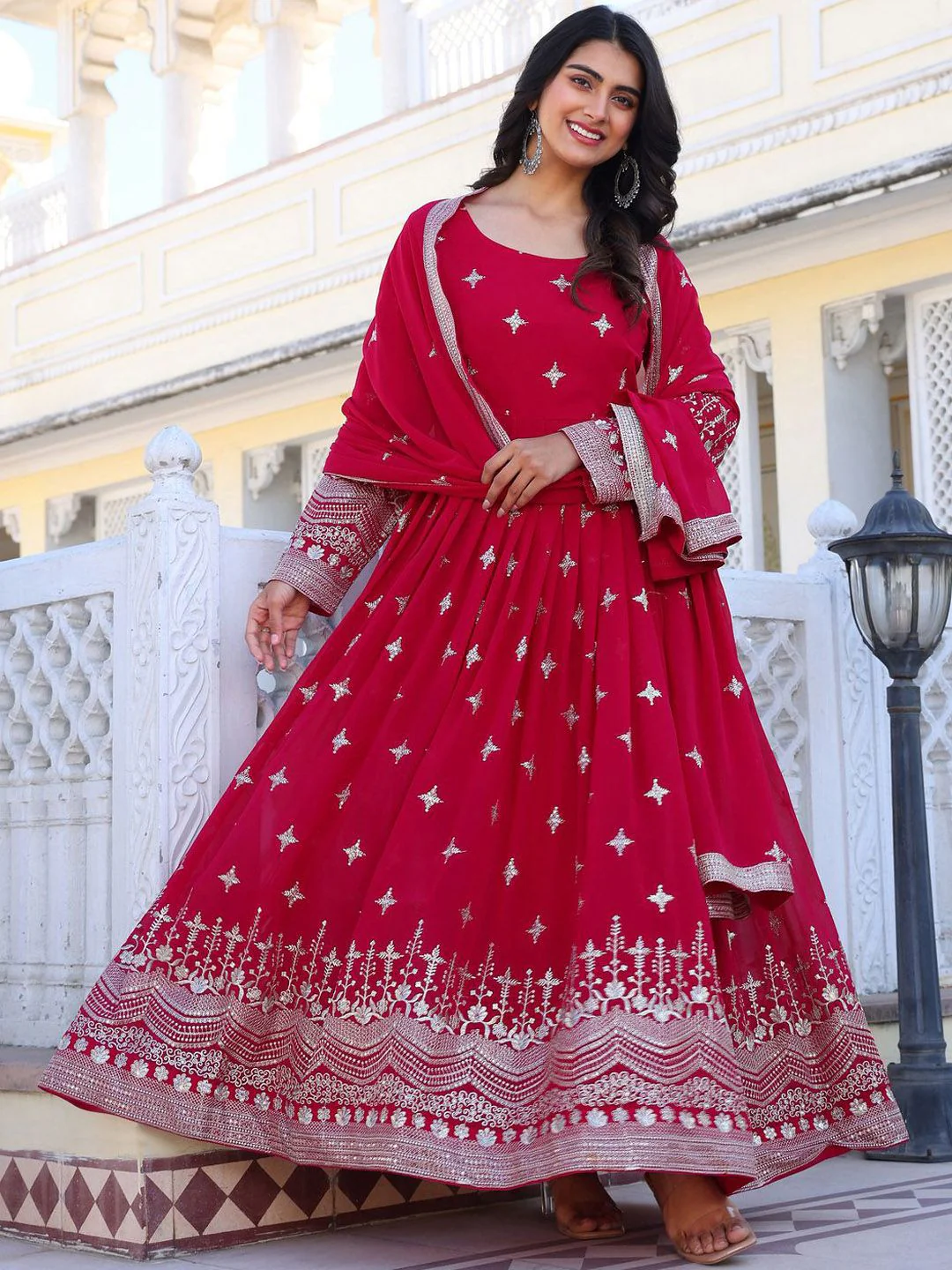KALINI Floral Embroidered Sequinned Georgette Anarkali Kurta With Ttrousers & Dupatta - Image 4