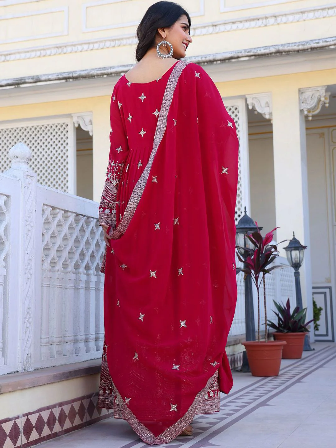KALINI Floral Embroidered Sequinned Georgette Anarkali Kurta With Ttrousers & Dupatta - Image 5