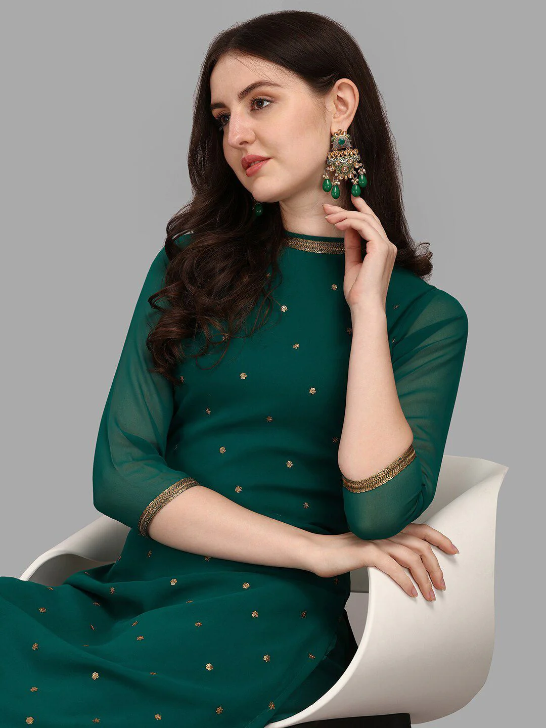 KALINI Floral Embroidered Sequinned Kurta With Trouser - Image 2