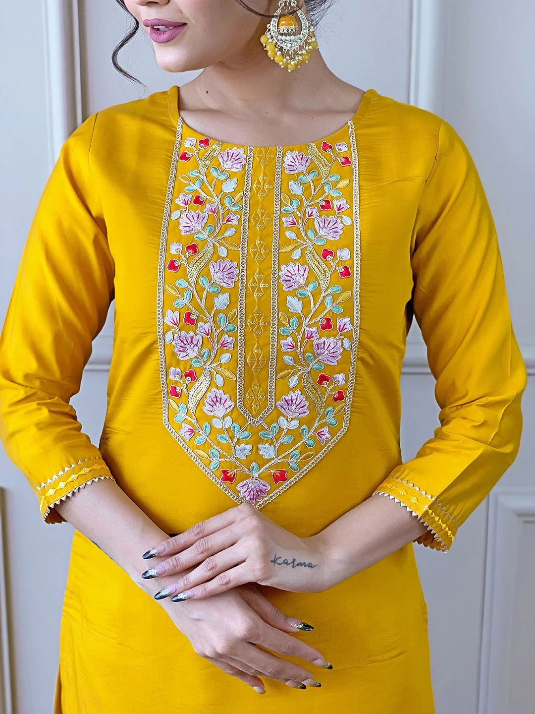 KALINI Floral Embroidered Straight Kurta With Trousers & Dupatta - Image 2