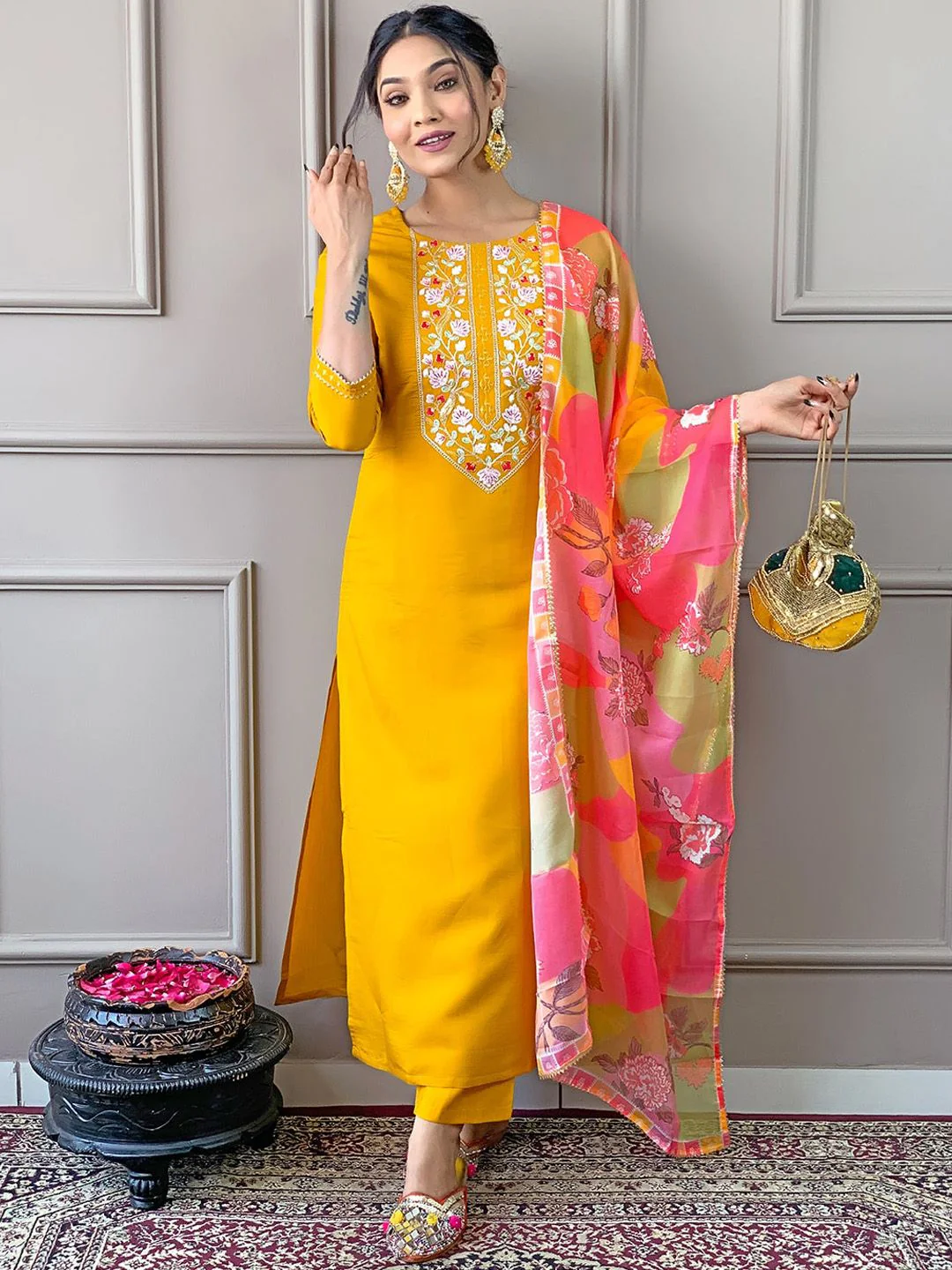 KALINI Floral Embroidered Straight Kurta With Trousers & Dupatta - Image 6