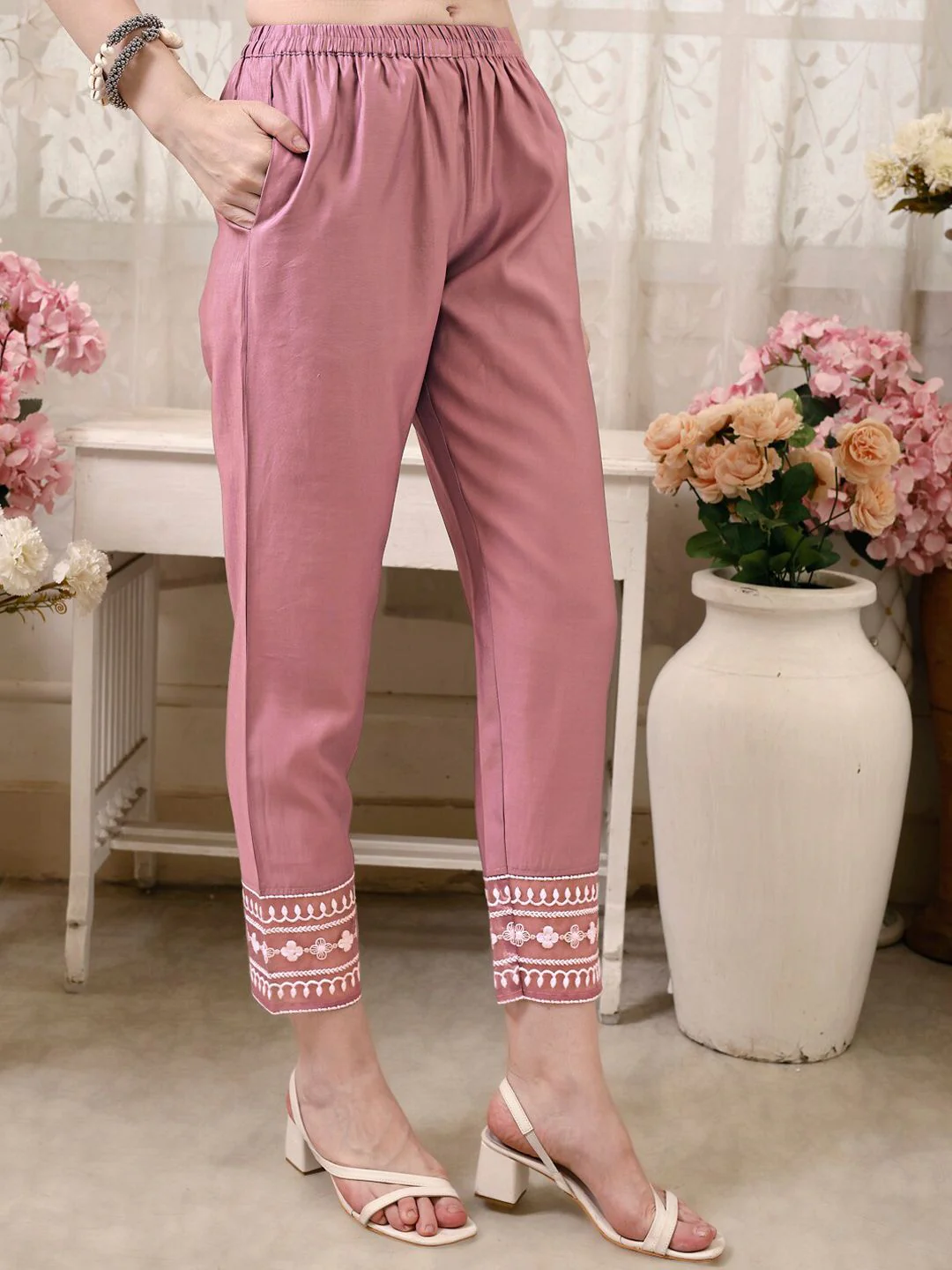 KALINI Floral Embroidered Thread Work Chanderi Cotton Kurta with Trousers & With Dupatta - Image 7