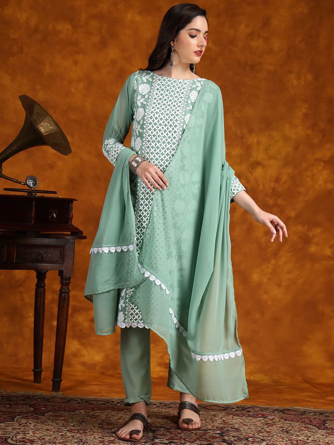 KALINI Floral Embroidered Thread Work Kurta With Trousers & Dupatta