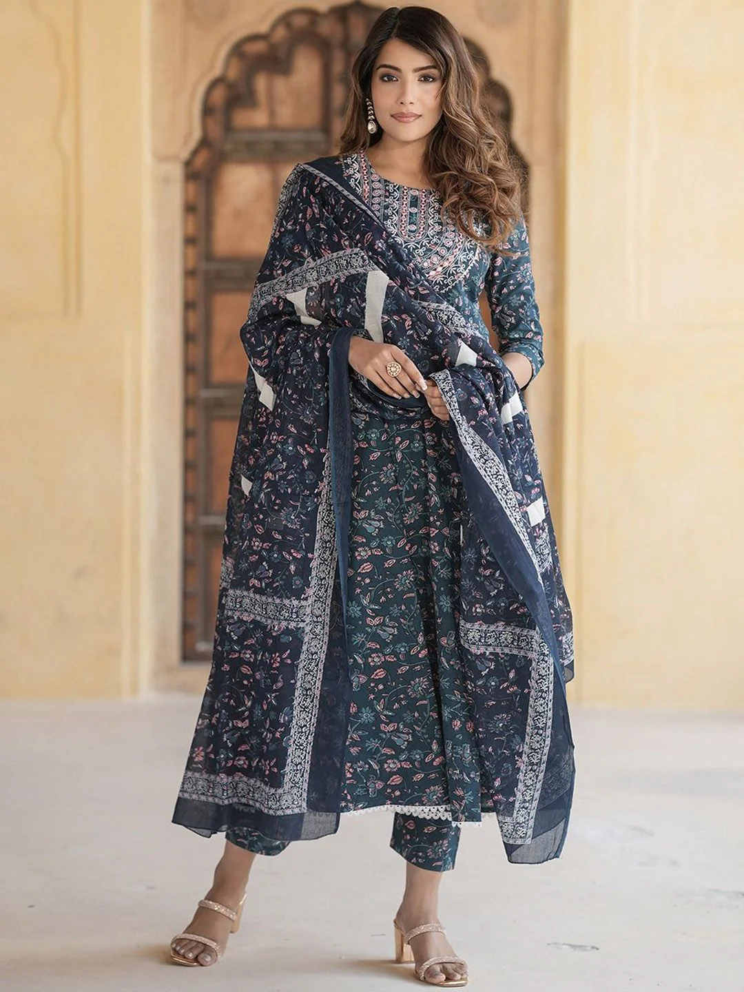 KALINI Floral Embroidered Thread Work Pure Cotton Anarkali Kurta With Trousers & Dupatta - Image 6