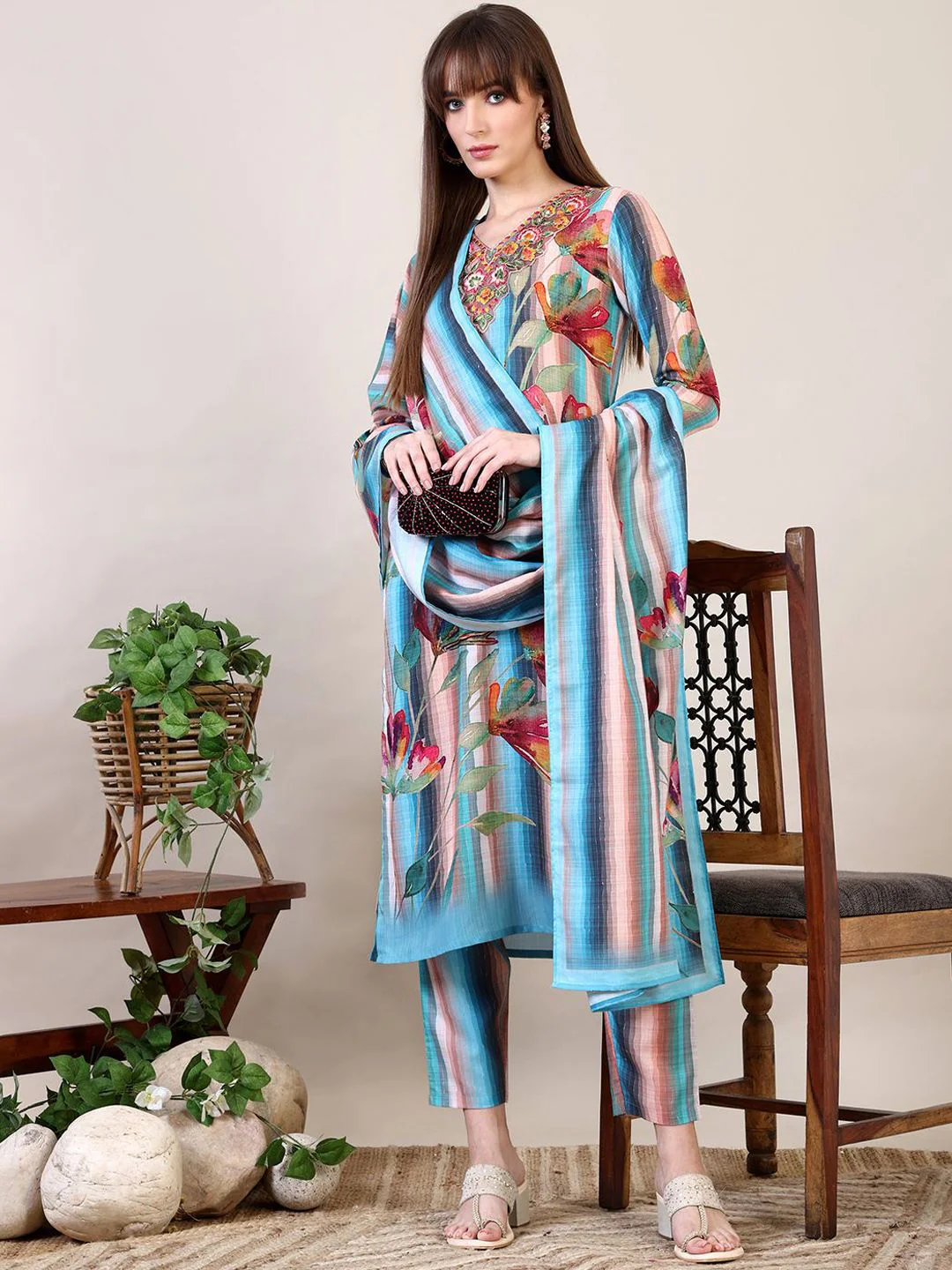 KALINI Floral Embroidered Thread Work Pure Cotton Kurta with Trousers & Dupatta - Image 5