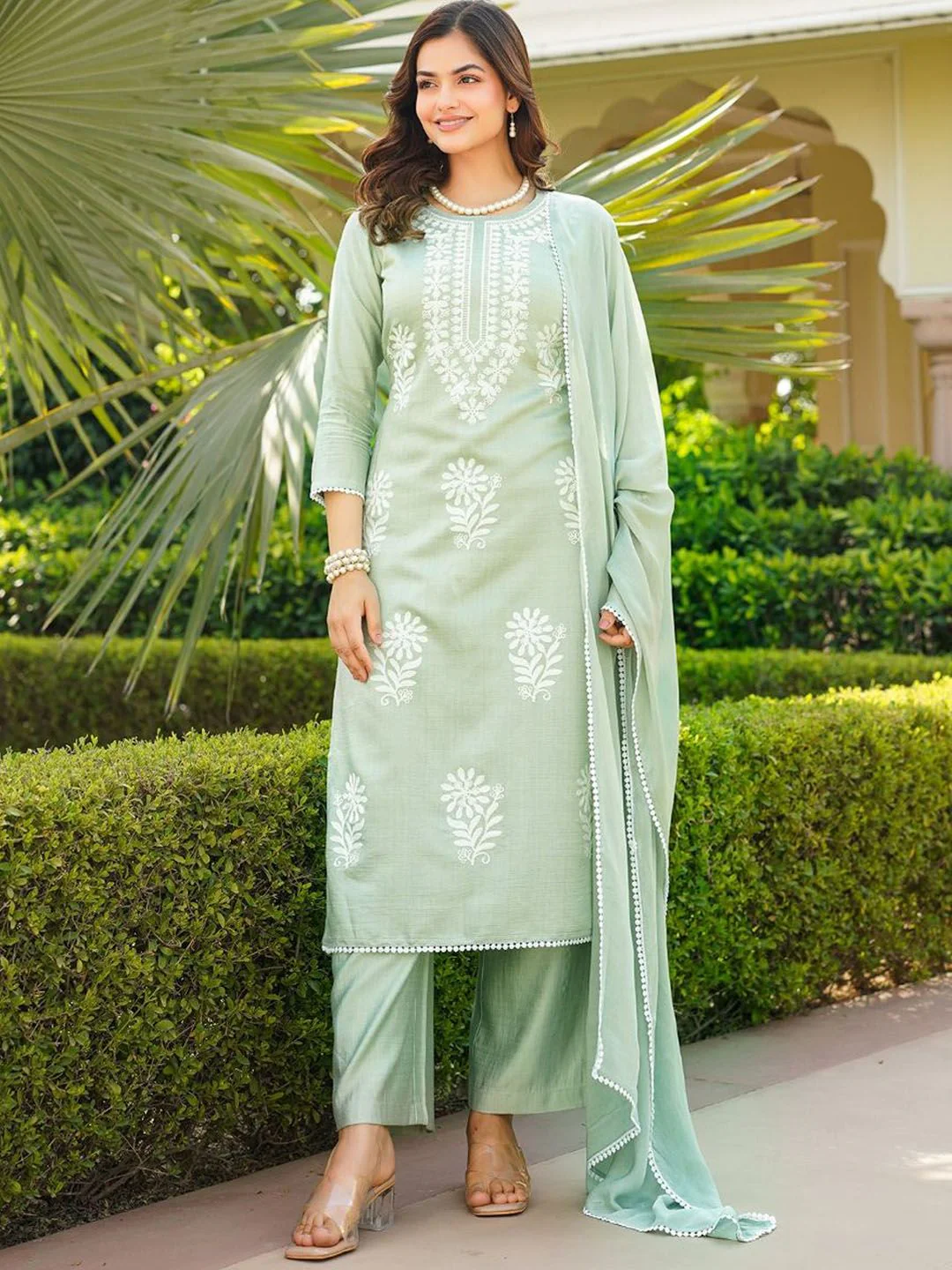 KALINI Floral Embroidered Thread Work Straight Kurta With Palazzos And Dupatta - Image 6