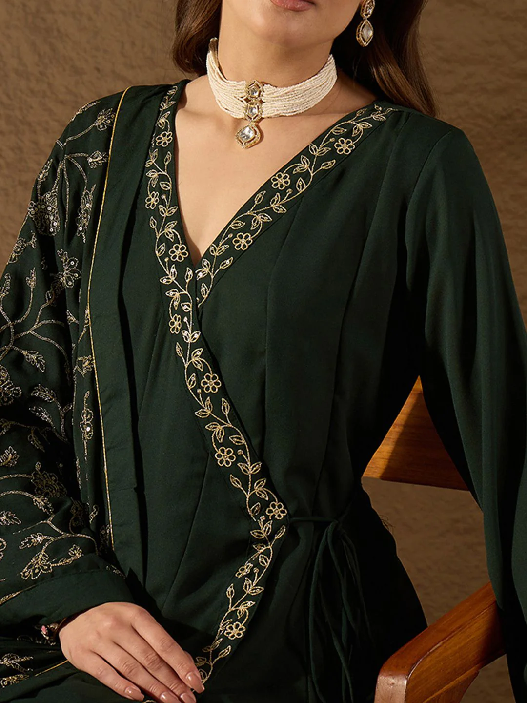 KALINI Floral Embroidered V-Neck Angrakha Kurta with Trousers & Dupatta - Image 3