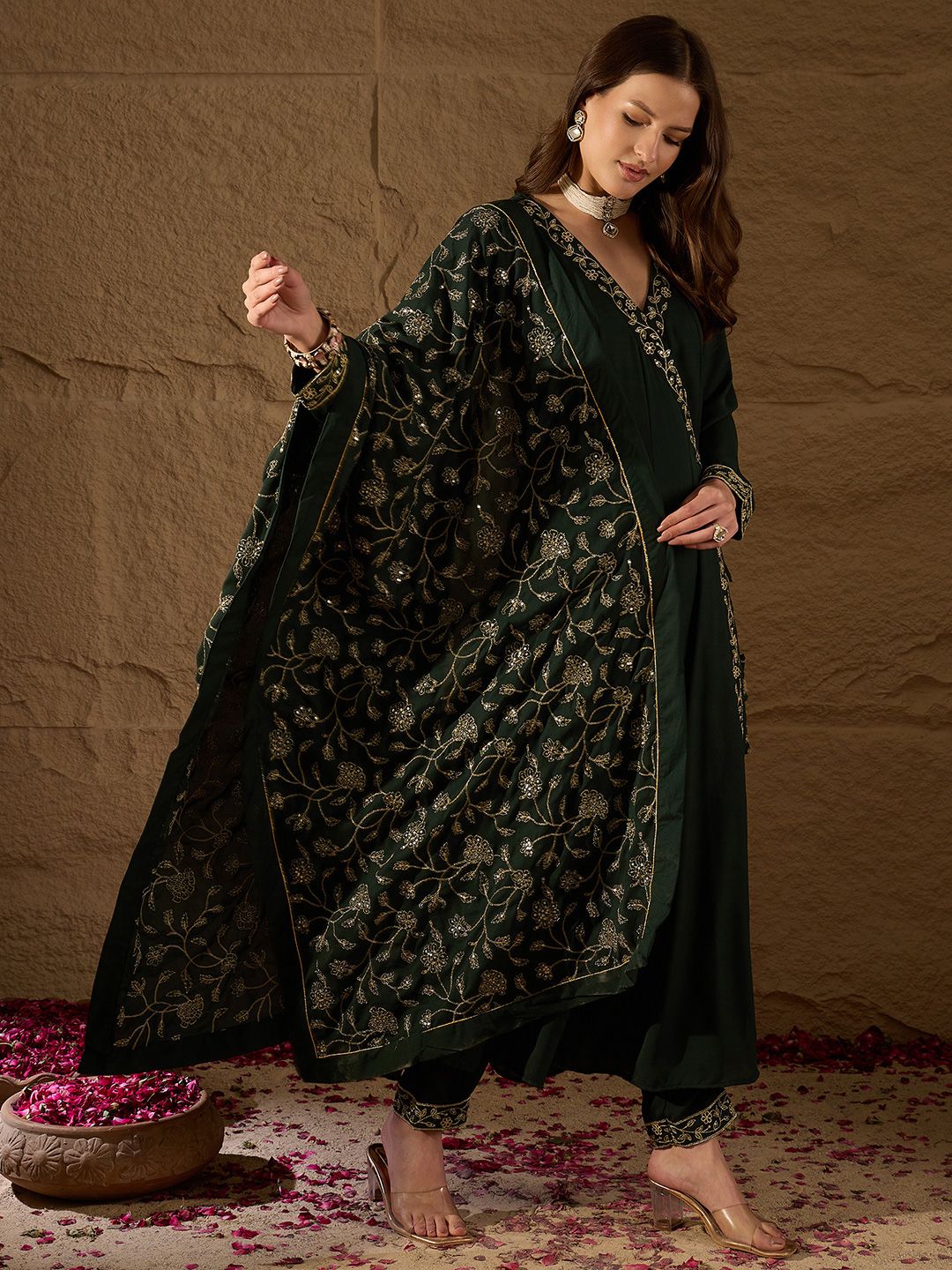 KALINI Floral Embroidered V-Neck Angrakha Kurta with Trousers & Dupatta - Image 6