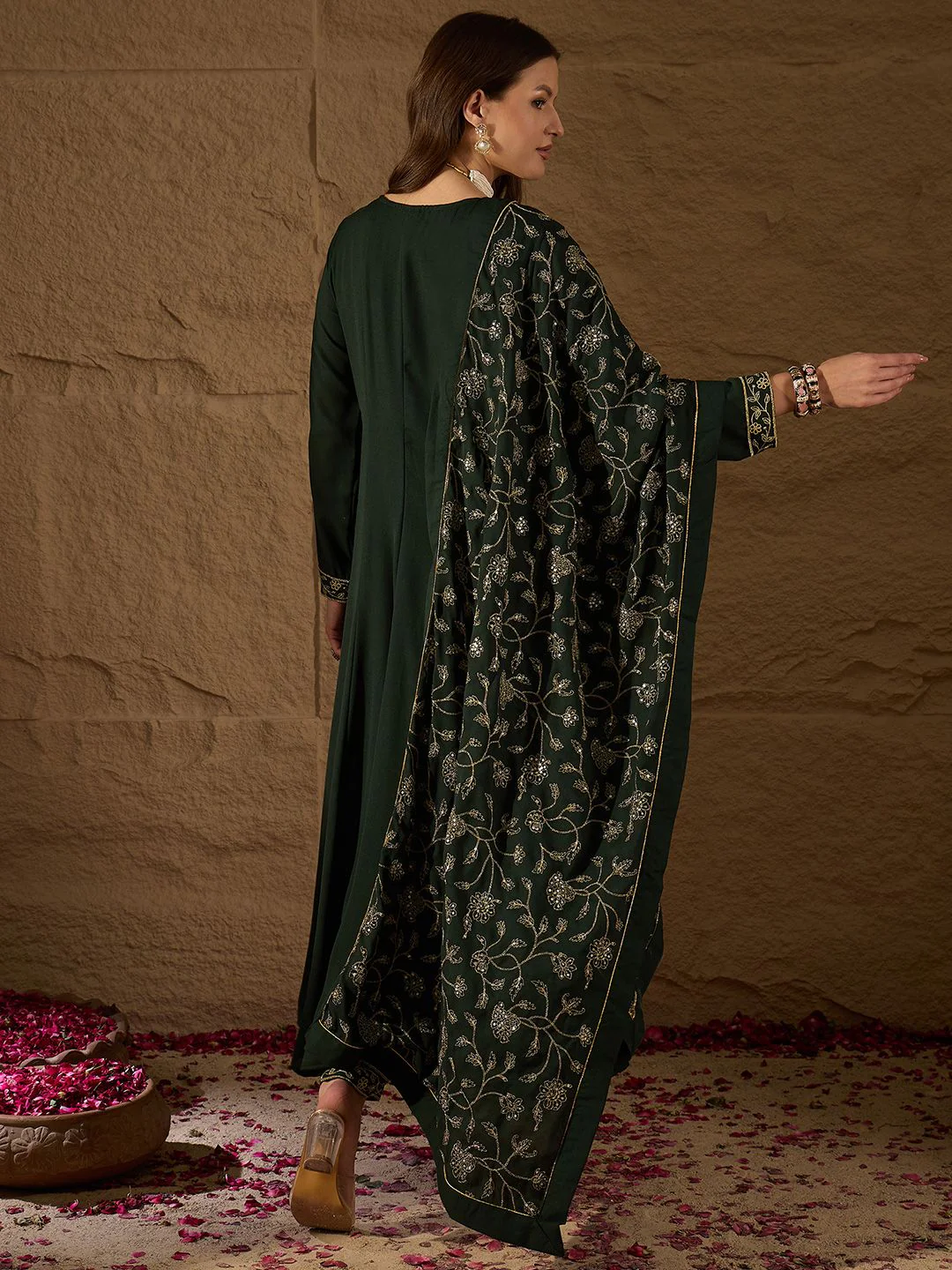 KALINI Floral Embroidered V-Neck Angrakha Kurta with Trousers & Dupatta - Image 7