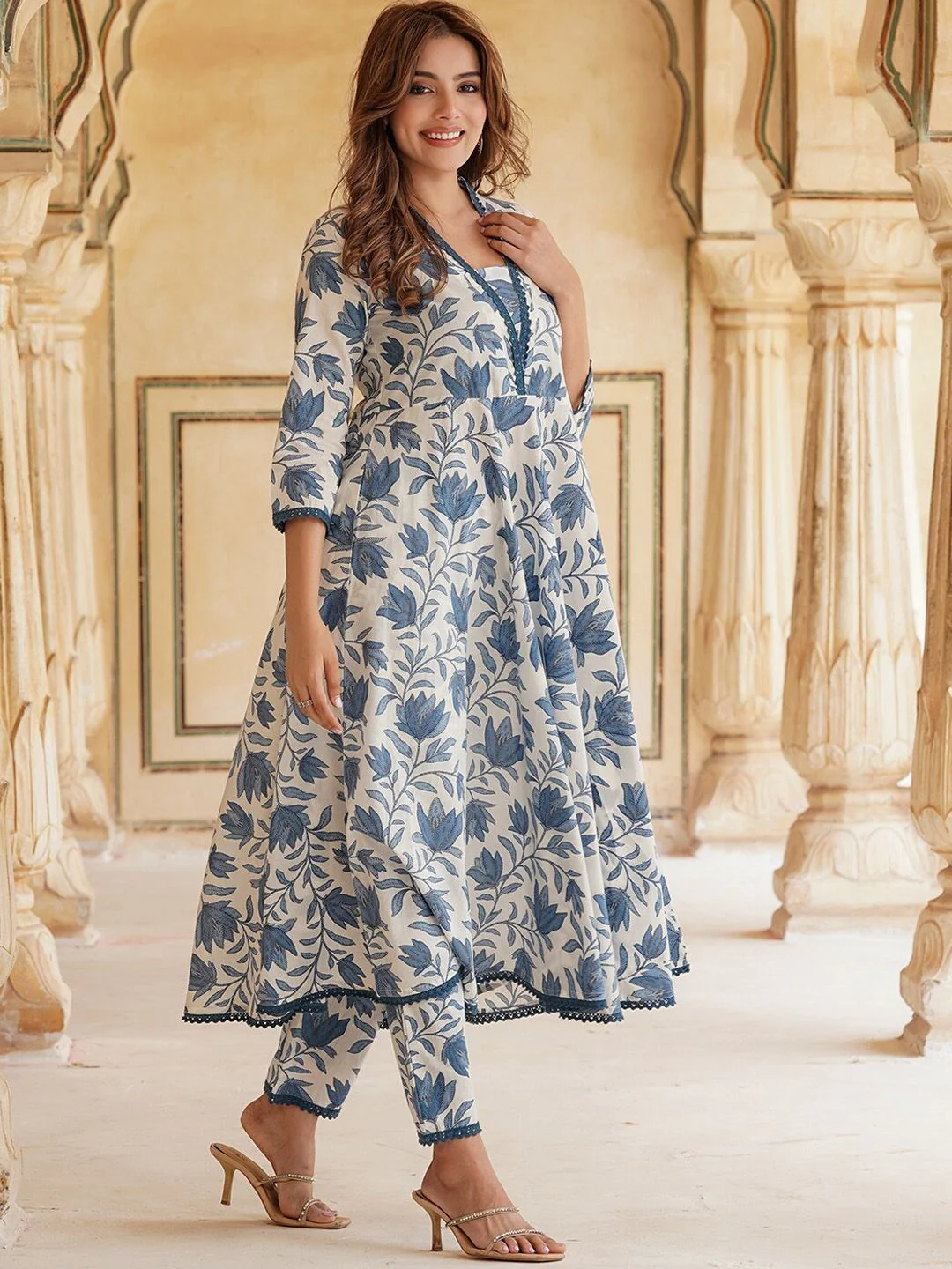 KALINI Floral Printed Anarkali Pure Cotton Kurta with Trousers & Dupatta - Image 3