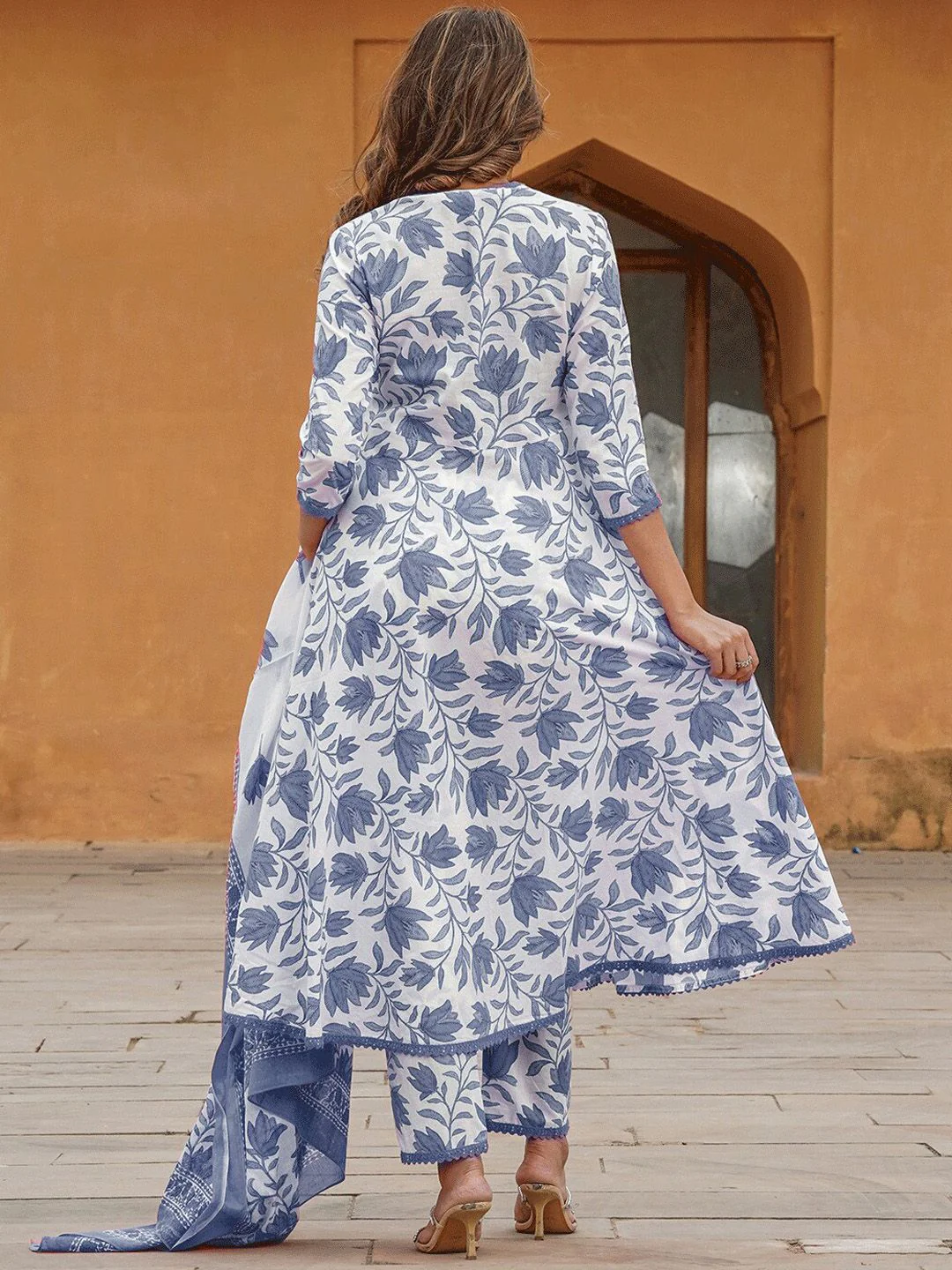 KALINI Floral Printed Anarkali Pure Cotton Kurta with Trousers & Dupatta - Image 4