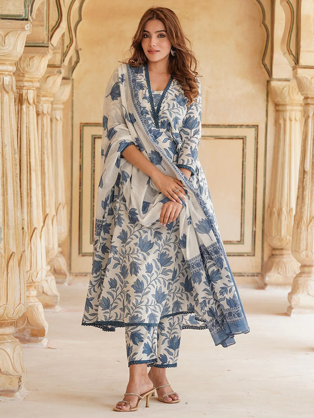 KALINI Floral Printed Anarkali Pure Cotton Kurta with Trousers & Dupatta - Image 7