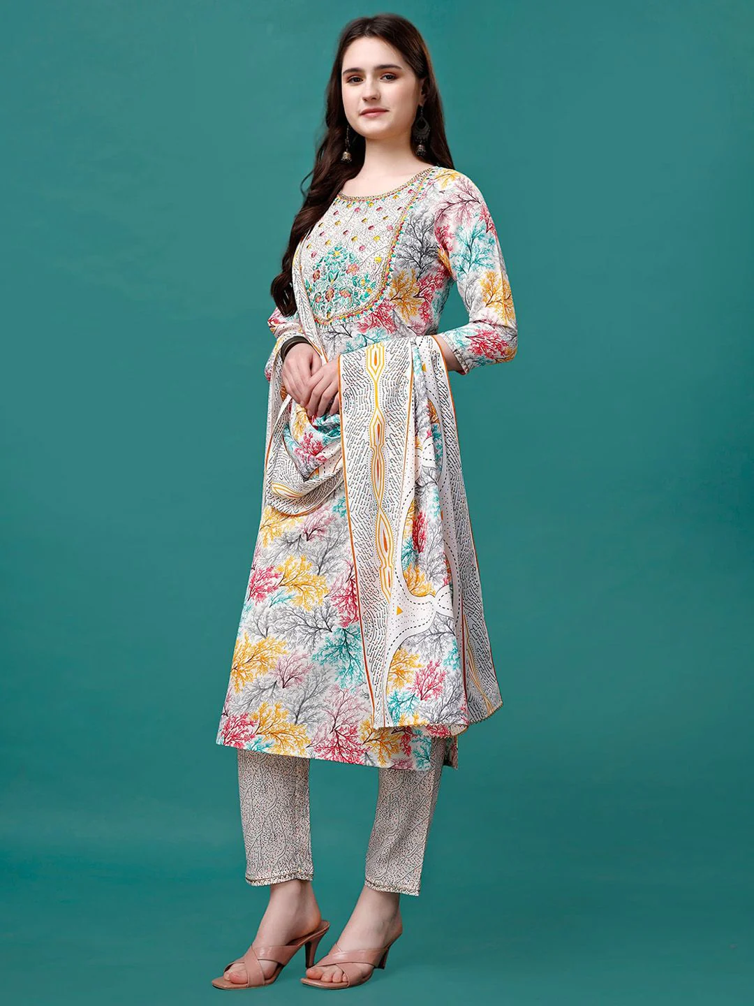 KALINI Floral Printed Embroidered Thread Work Straight Kurta With Trousers & Dupatta - Image 4