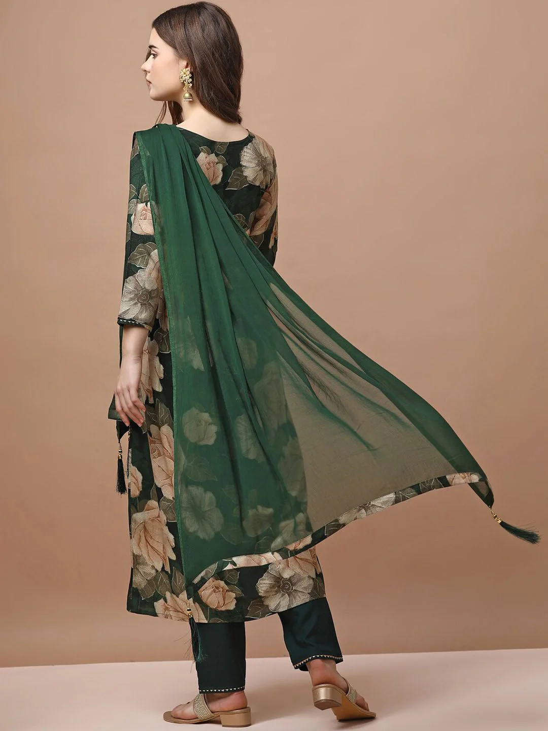 KALINI Floral Printed Empire Sequinned Kurta With Trousers & Dupatta - Image 4