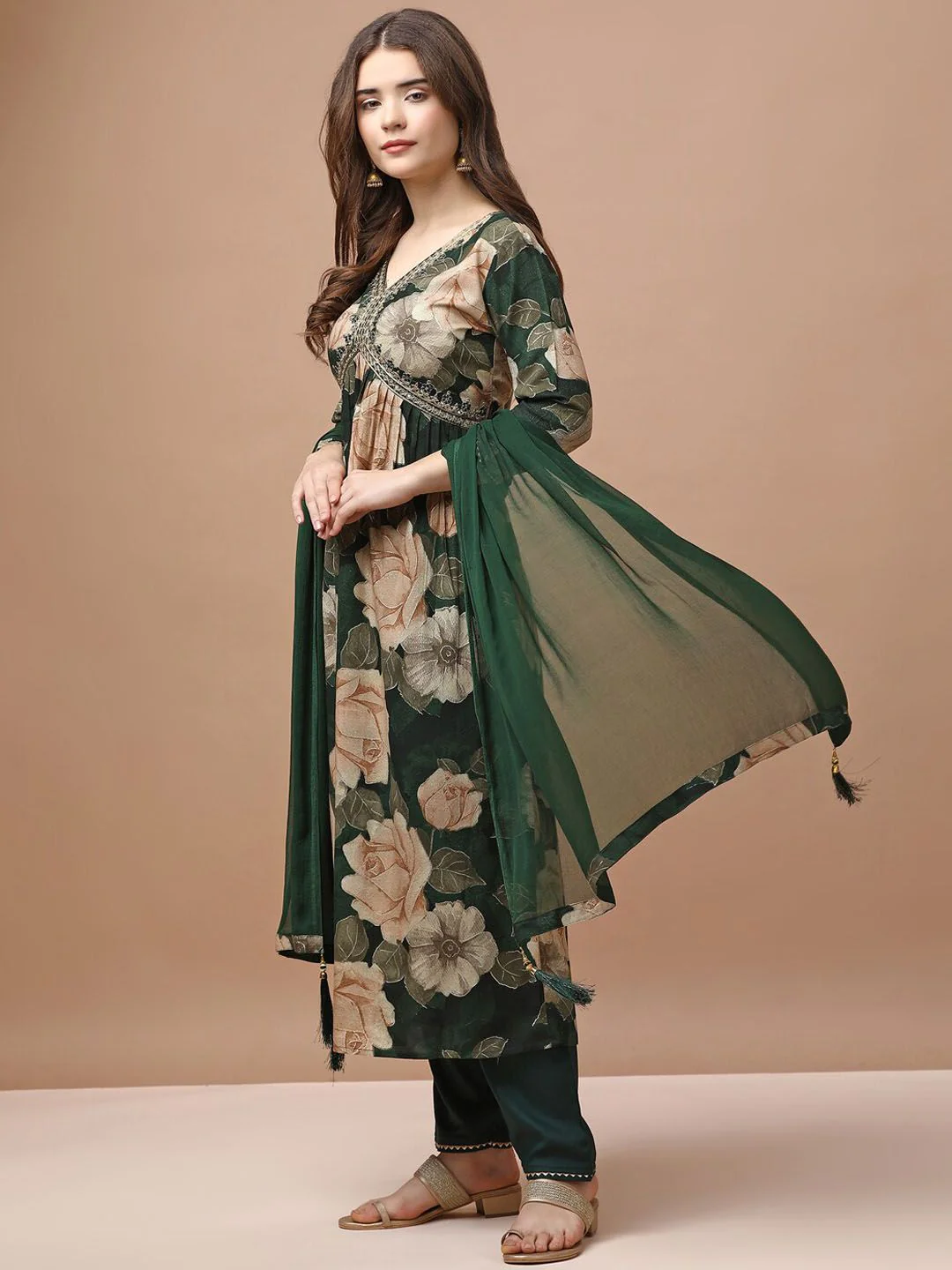 KALINI Floral Printed Empire Sequinned Kurta With Trousers & Dupatta - Image 5