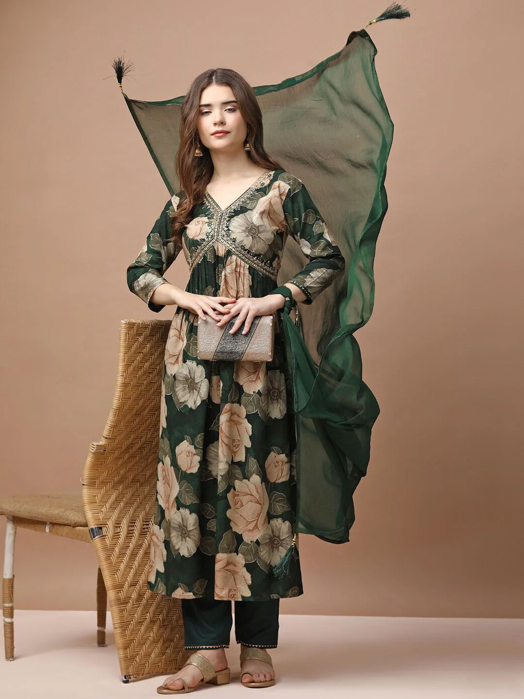 KALINI Floral Printed Empire Sequinned Kurta With Trousers & Dupatta - Image 6