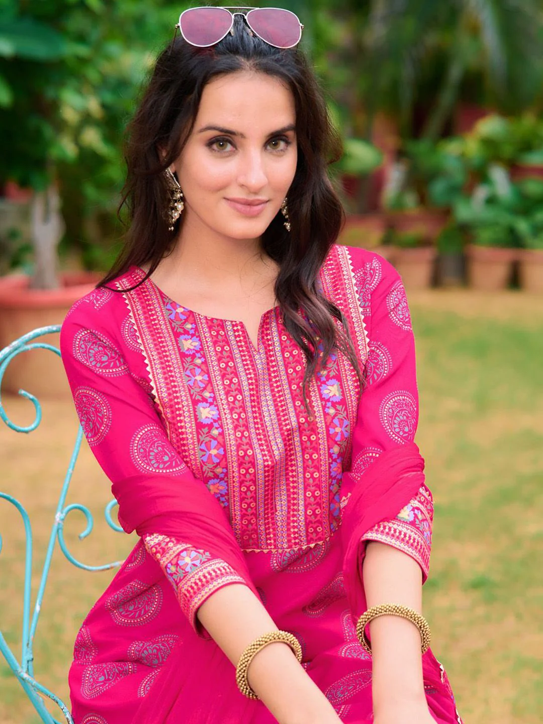 KALINI Floral Printed Gotta Patti Notch Neck Straight Kurta with Trousers & Dupatta - Image 2
