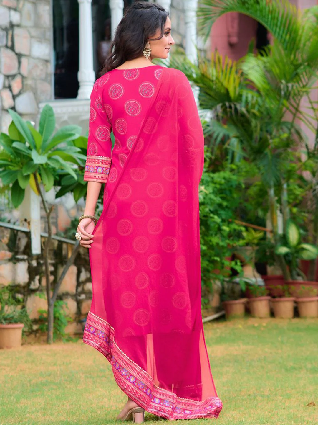 KALINI Floral Printed Gotta Patti Notch Neck Straight Kurta with Trousers & Dupatta - Image 4
