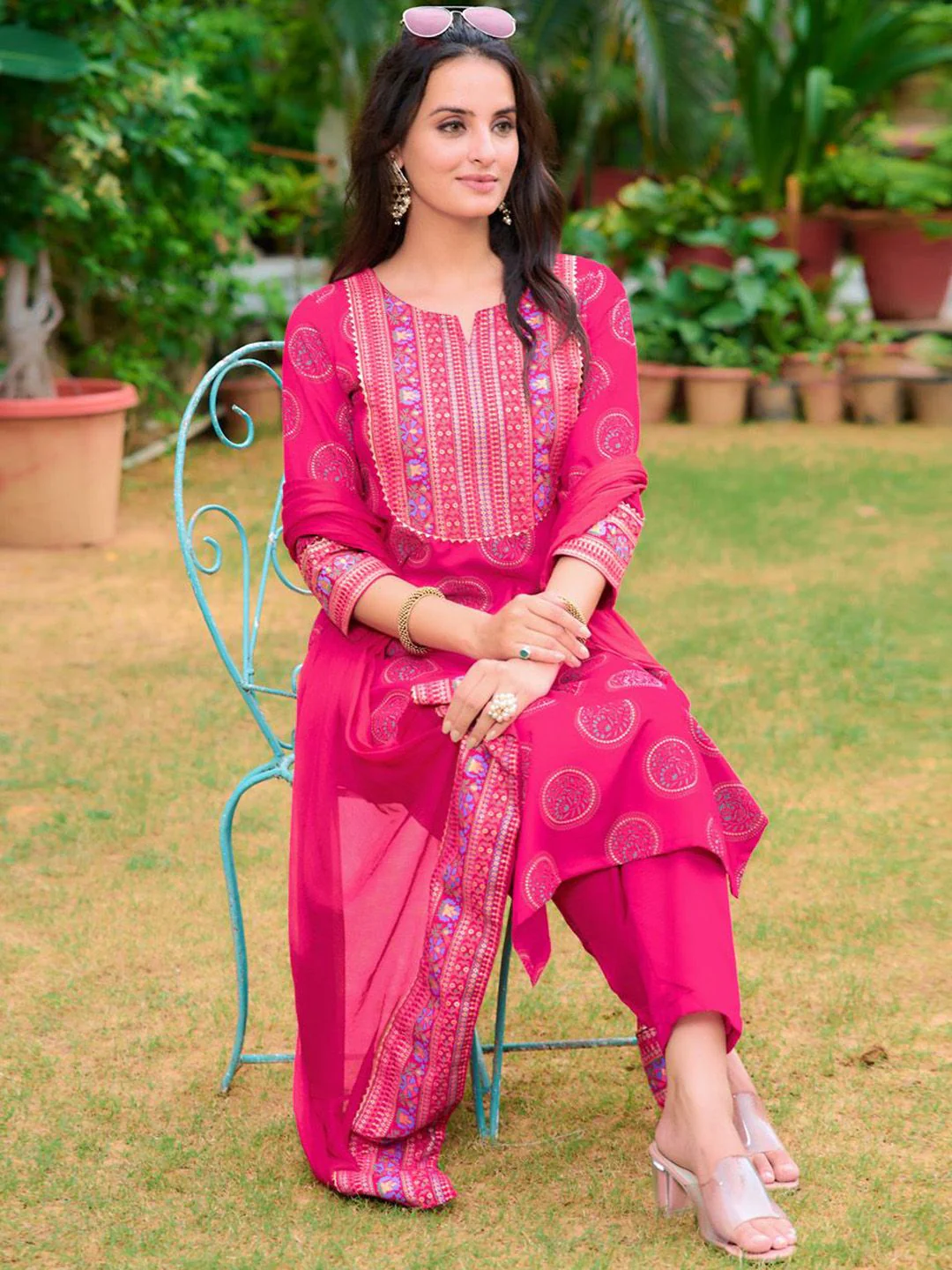 KALINI Floral Printed Gotta Patti Notch Neck Straight Kurta with Trousers & Dupatta - Image 6