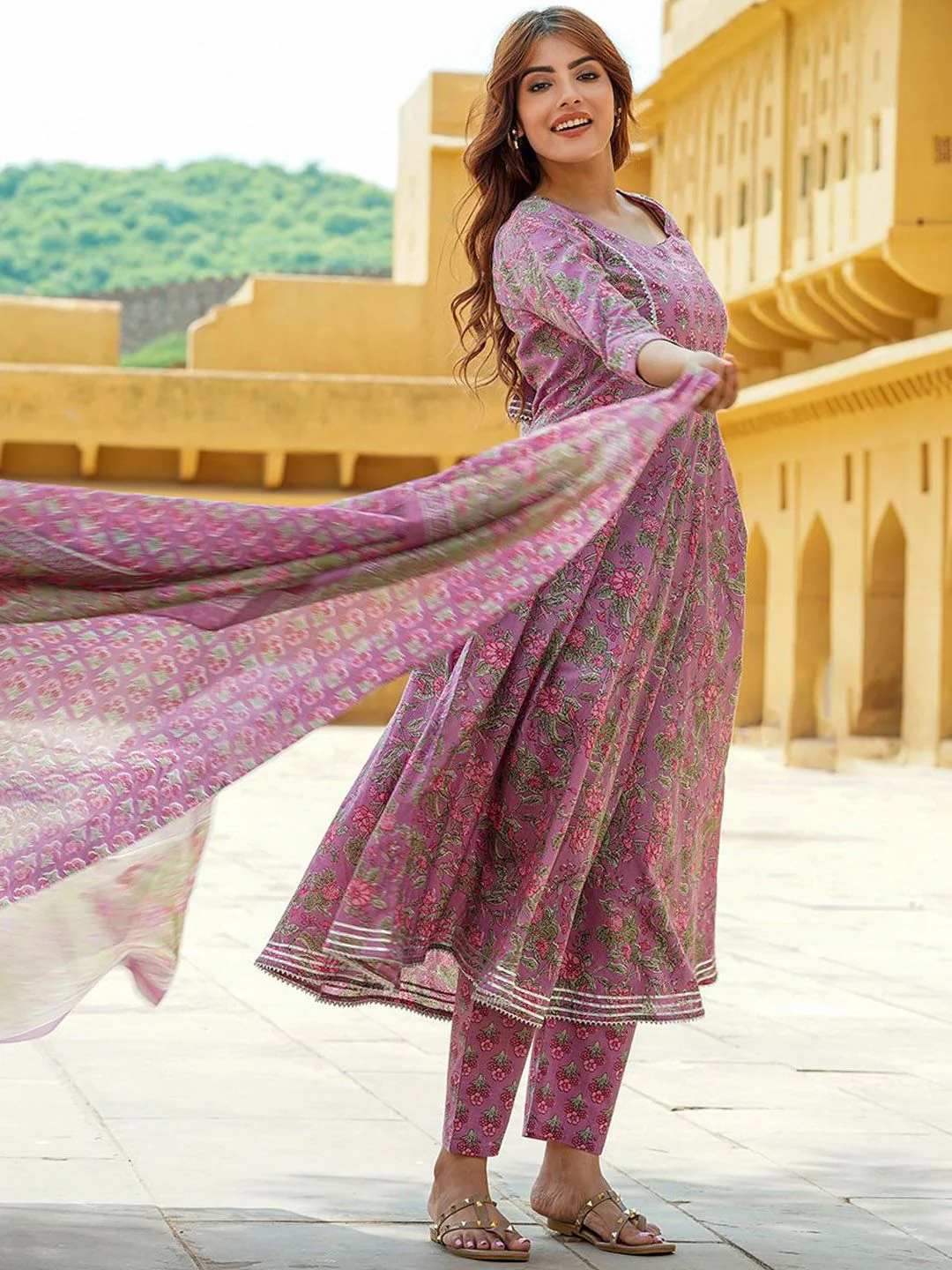 KALINI Floral Printed Gotta Patti Pure Cotton Anarkali Kurta With Trousers & Dupatta - Image 7