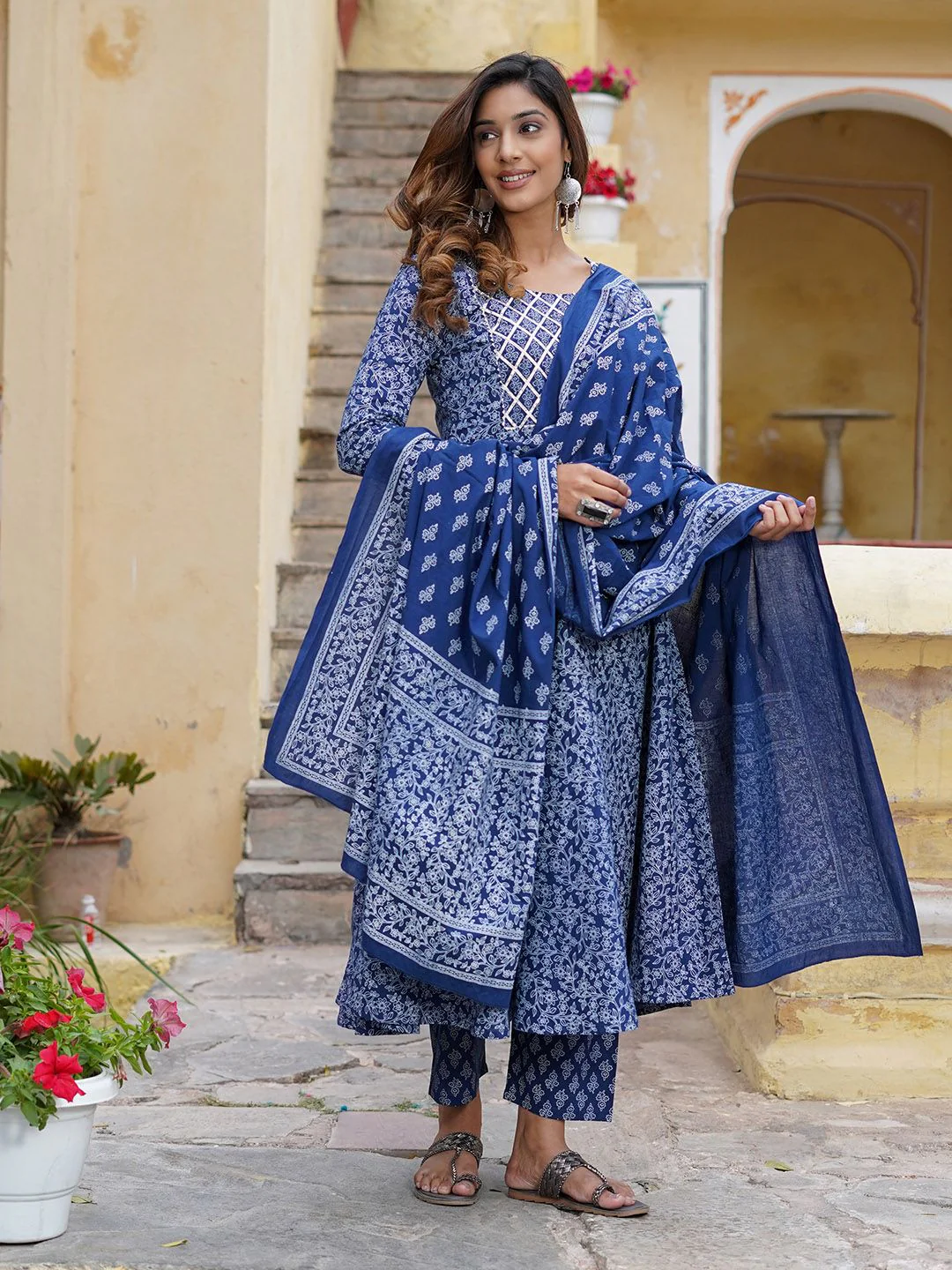 KALINI Floral Printed Gotta Patti Pure Cotton Kurta with Trousers & With Dupatta