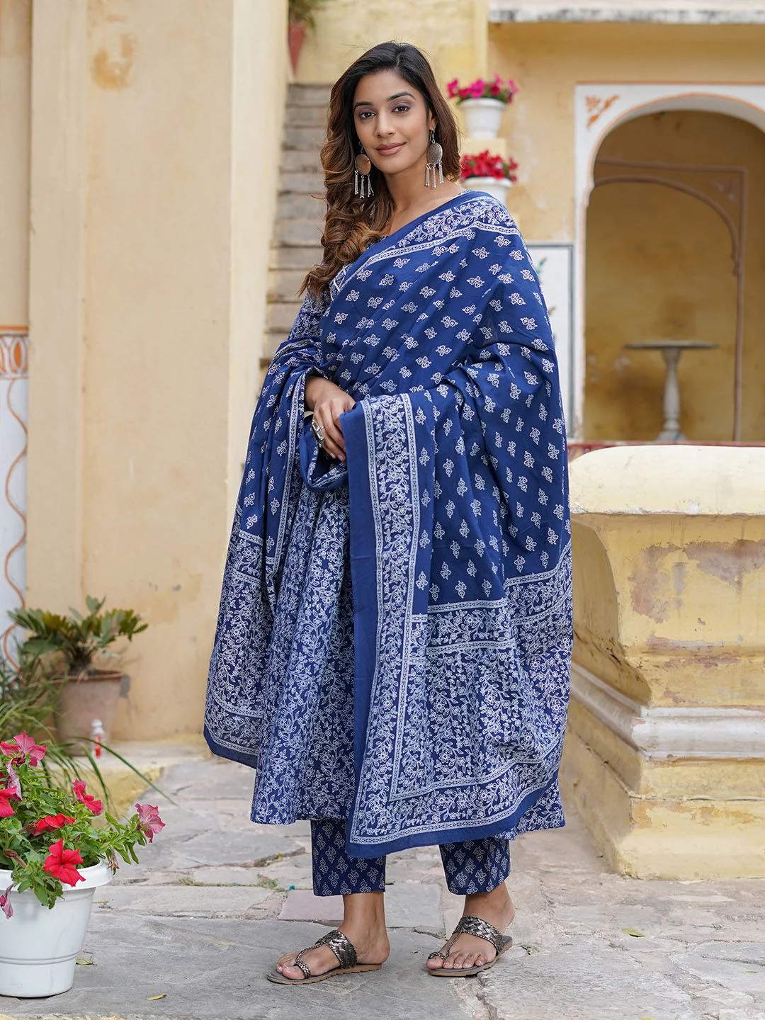 KALINI Floral Printed Gotta Patti Pure Cotton Kurta with Trousers & With Dupatta - Image 3