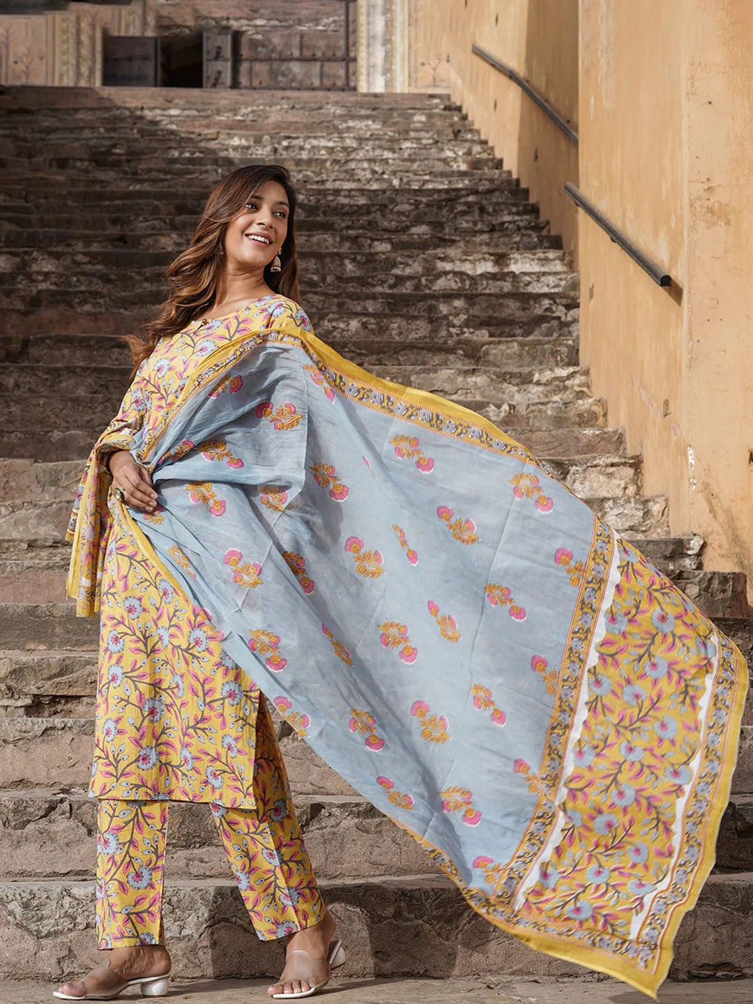 KALINI Floral Printed Keyhole Neck Pure Cotton Kurta with Trousers & Dupatta - Image 3