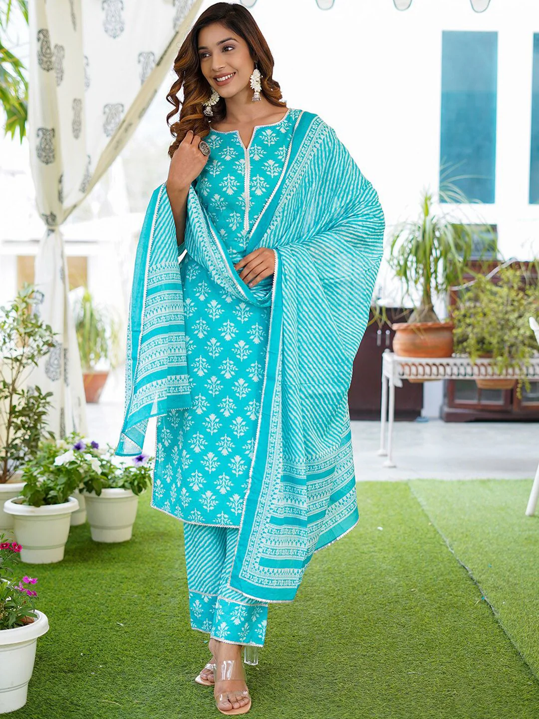KALINI Floral Printed Lace Detail Pure Cotton Kurta with Trousers & Dupatta