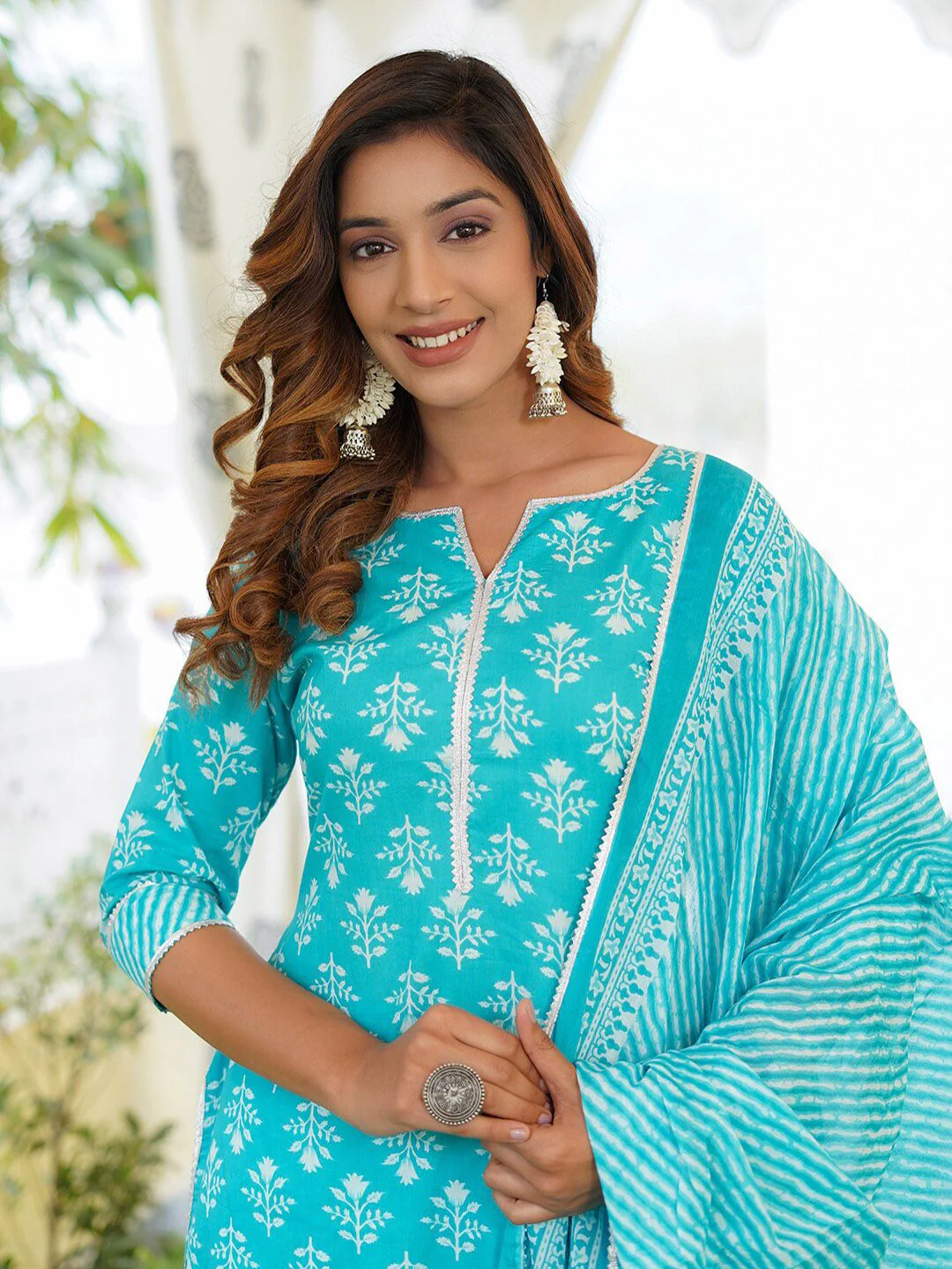 KALINI Floral Printed Lace Detail Pure Cotton Kurta with Trousers & Dupatta - Image 2
