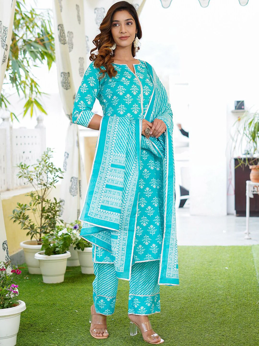 KALINI Floral Printed Lace Detail Pure Cotton Kurta with Trousers & Dupatta - Image 3