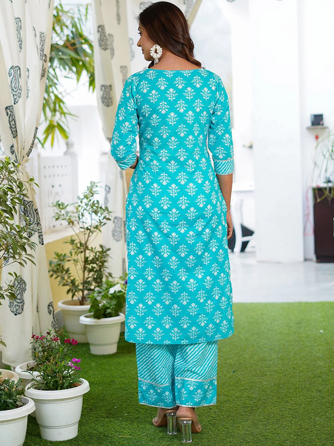 KALINI Floral Printed Lace Detail Pure Cotton Kurta with Trousers & Dupatta - Image 4