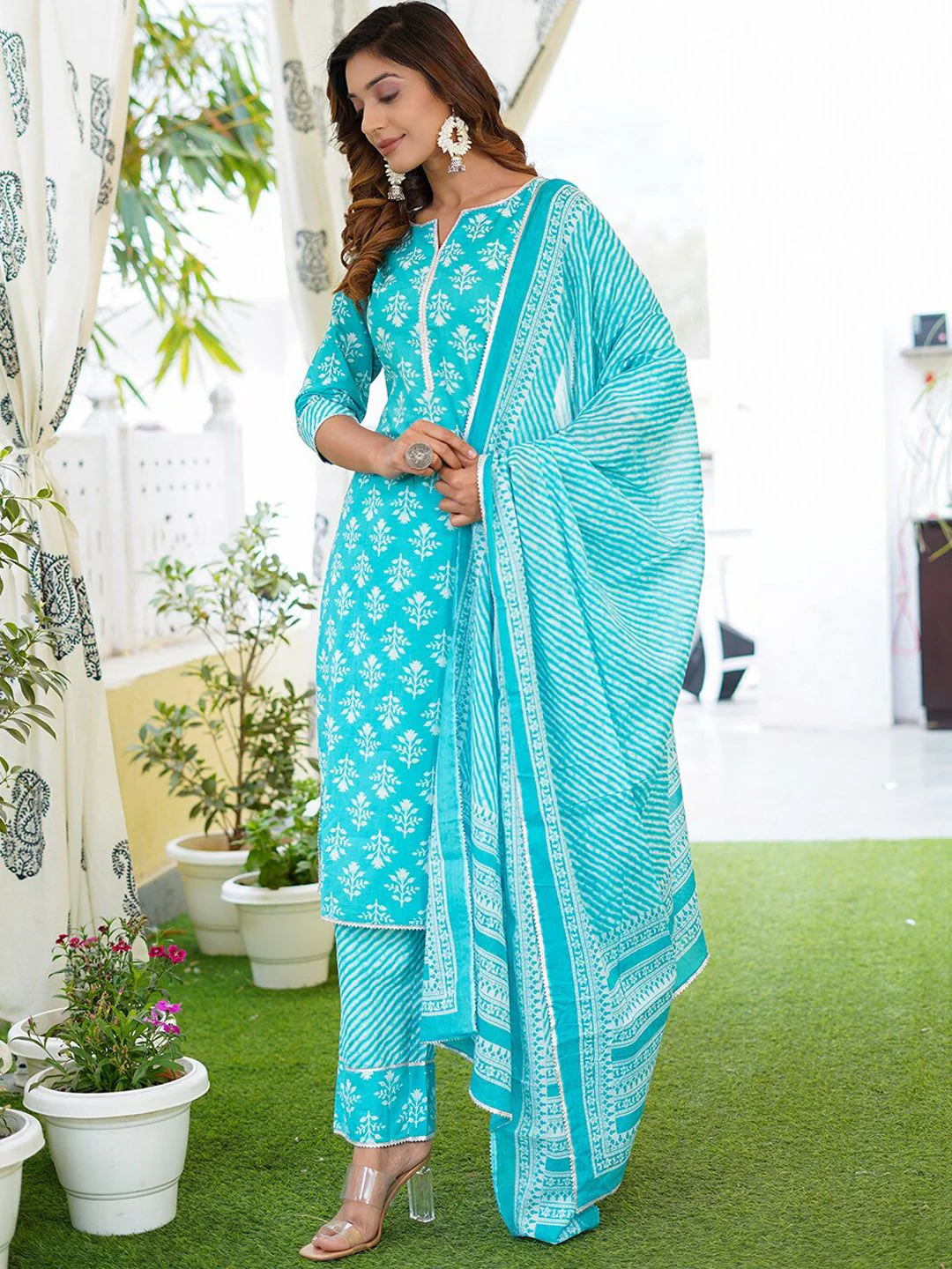 KALINI Floral Printed Lace Detail Pure Cotton Kurta with Trousers & Dupatta - Image 5