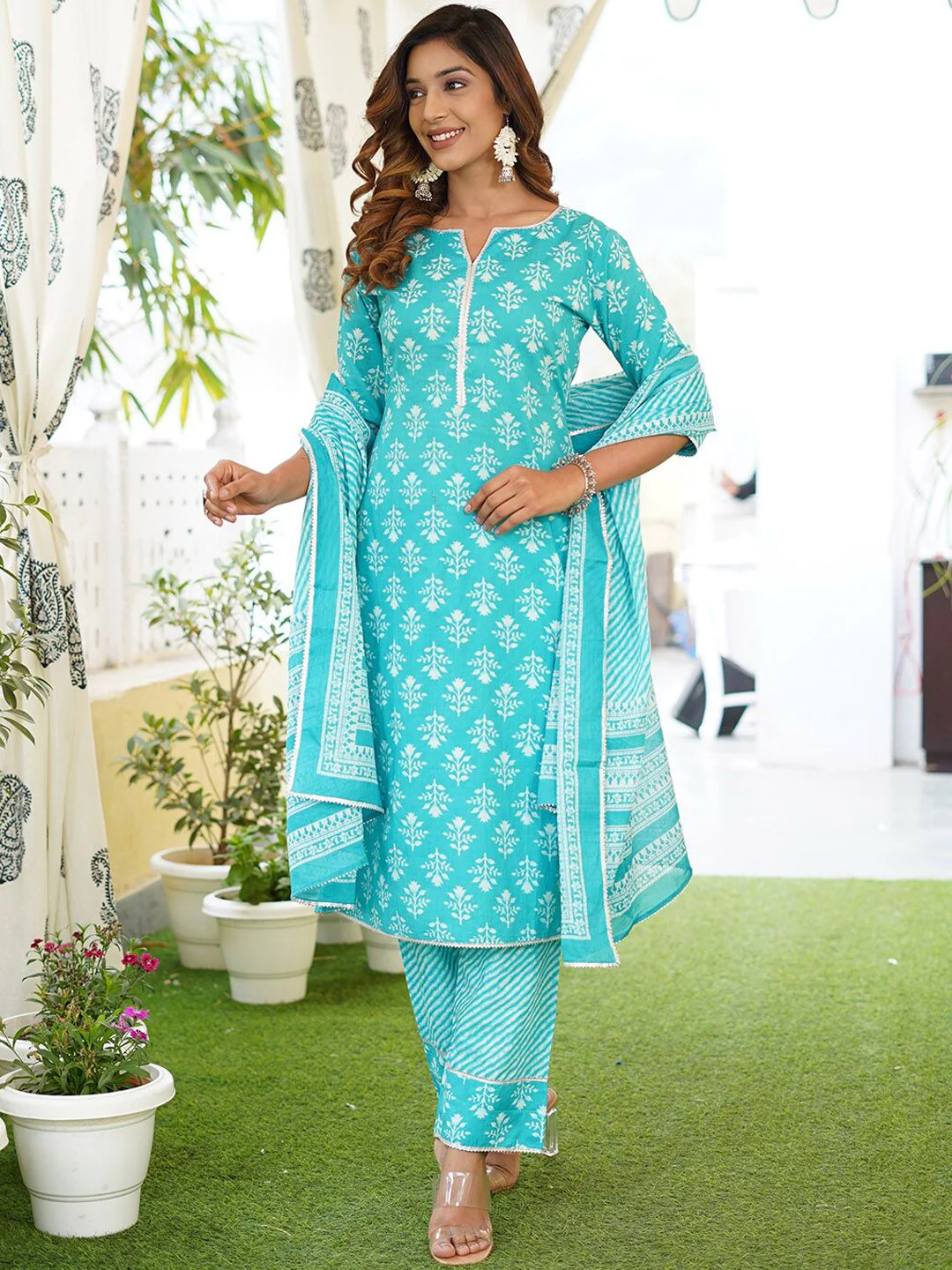 KALINI Floral Printed Lace Detail Pure Cotton Kurta with Trousers & Dupatta - Image 6